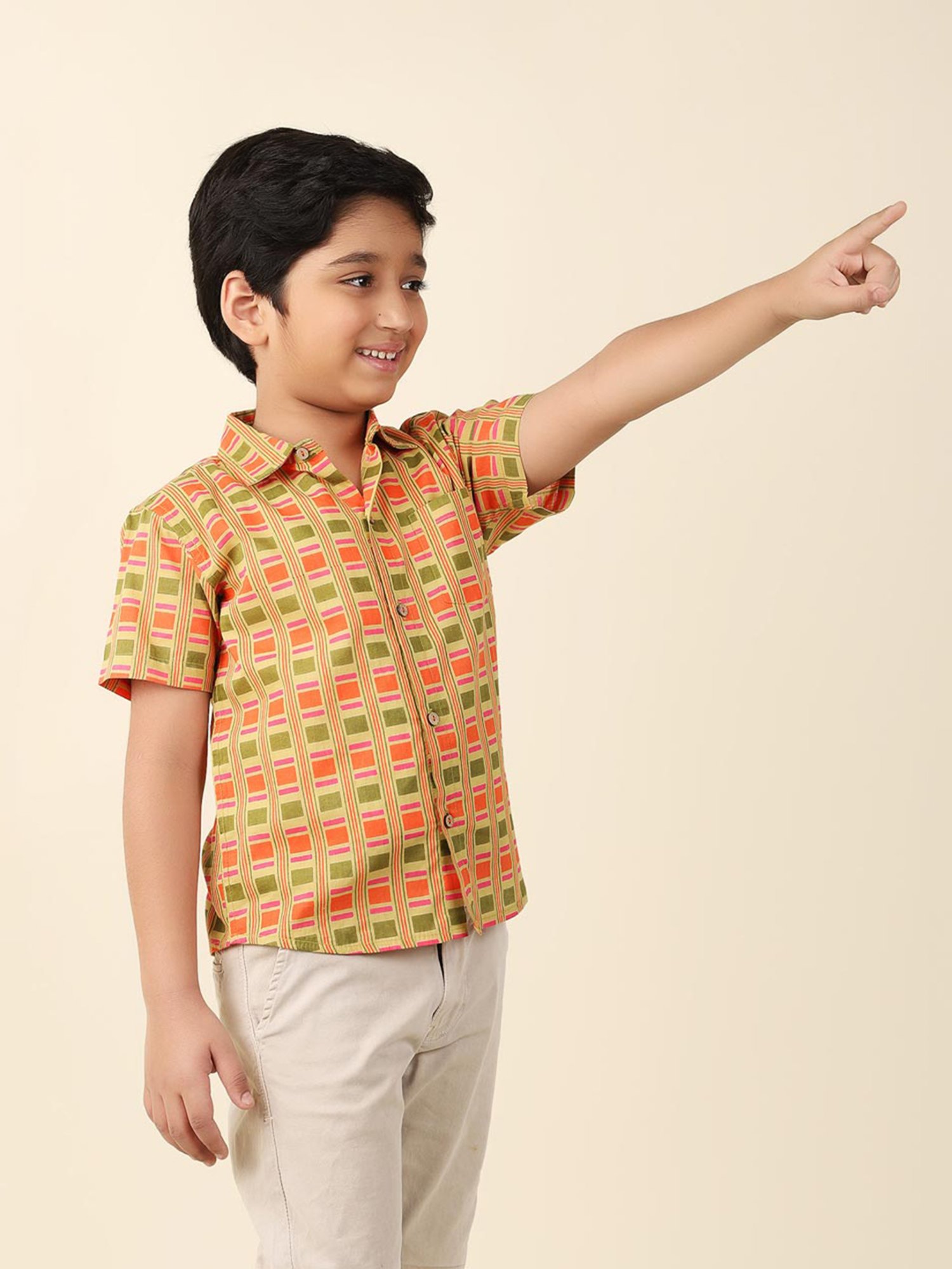 Fabindia Kids Lime Green & Orange Printed Shirt