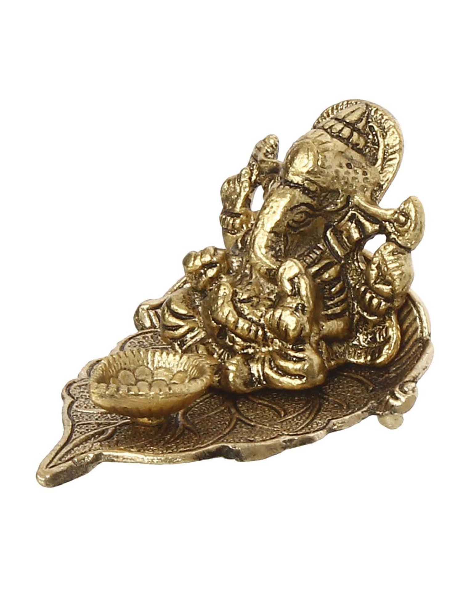 eCraftIndia Golden Lord Ganesha with Diya on Leaf Handcrafted Metal Showpiece