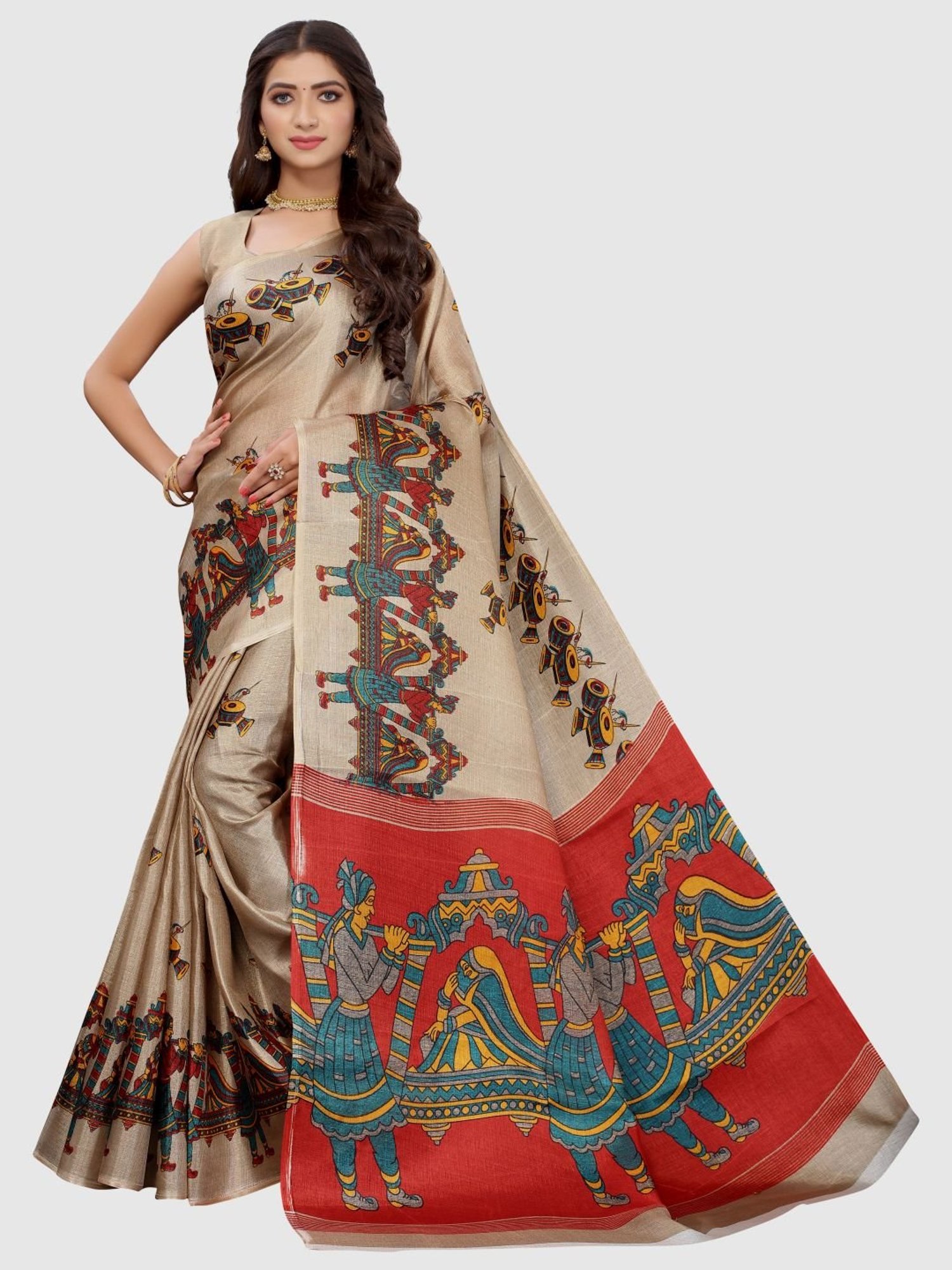 KSUT Beige Printed Saree With Unstitched Blouse