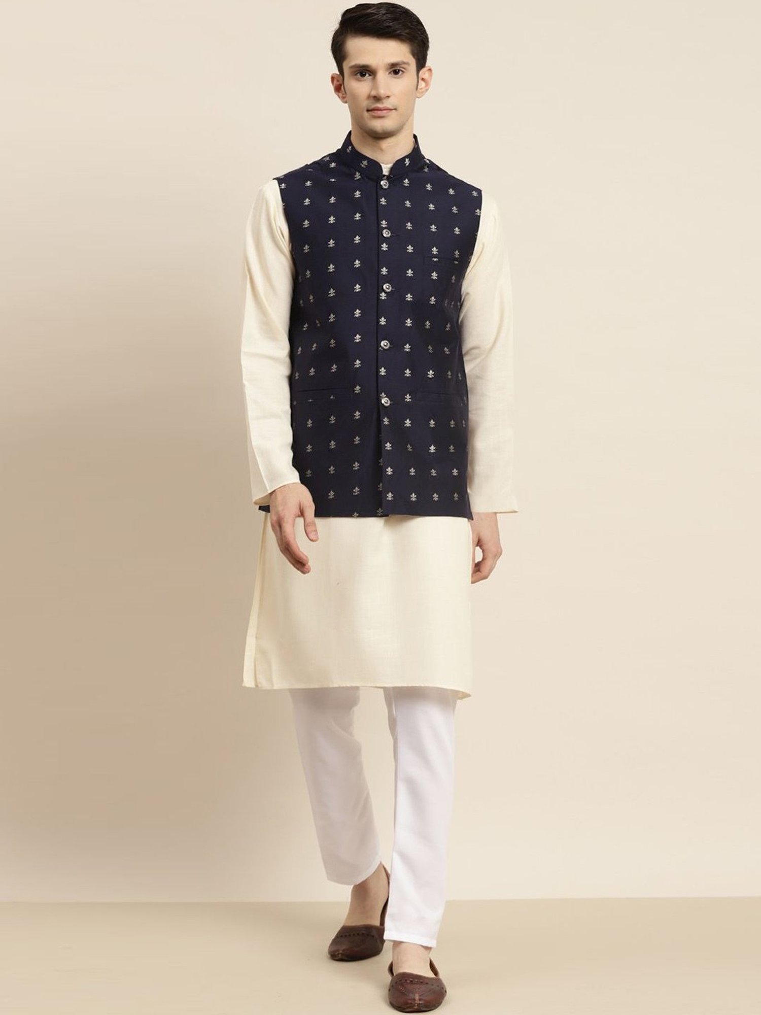 Sojanya Beige & Navy Regular Fit Printed Kurta Set With Jacket