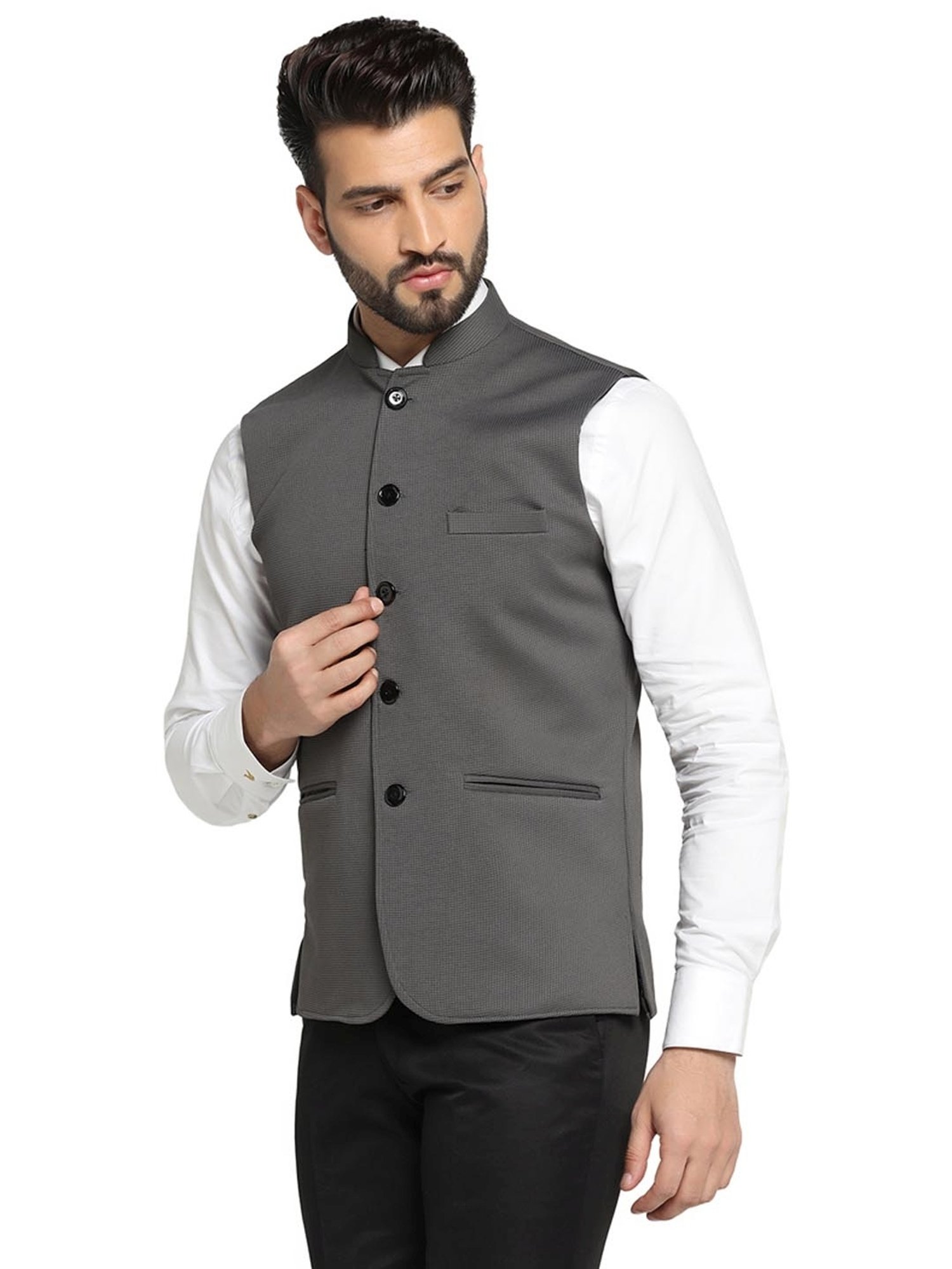 TAHVO Grey Satin Slim Fit Self Pattern Nehru Jacket