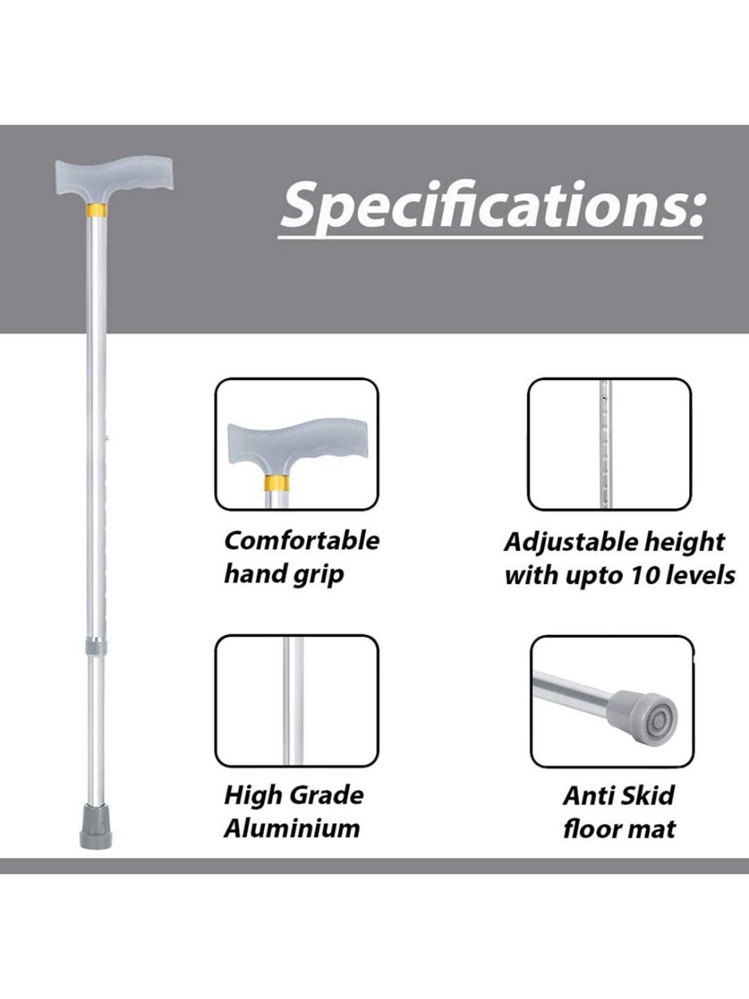 MCP Jindal Height Adjustable Walking Stick (Silver)