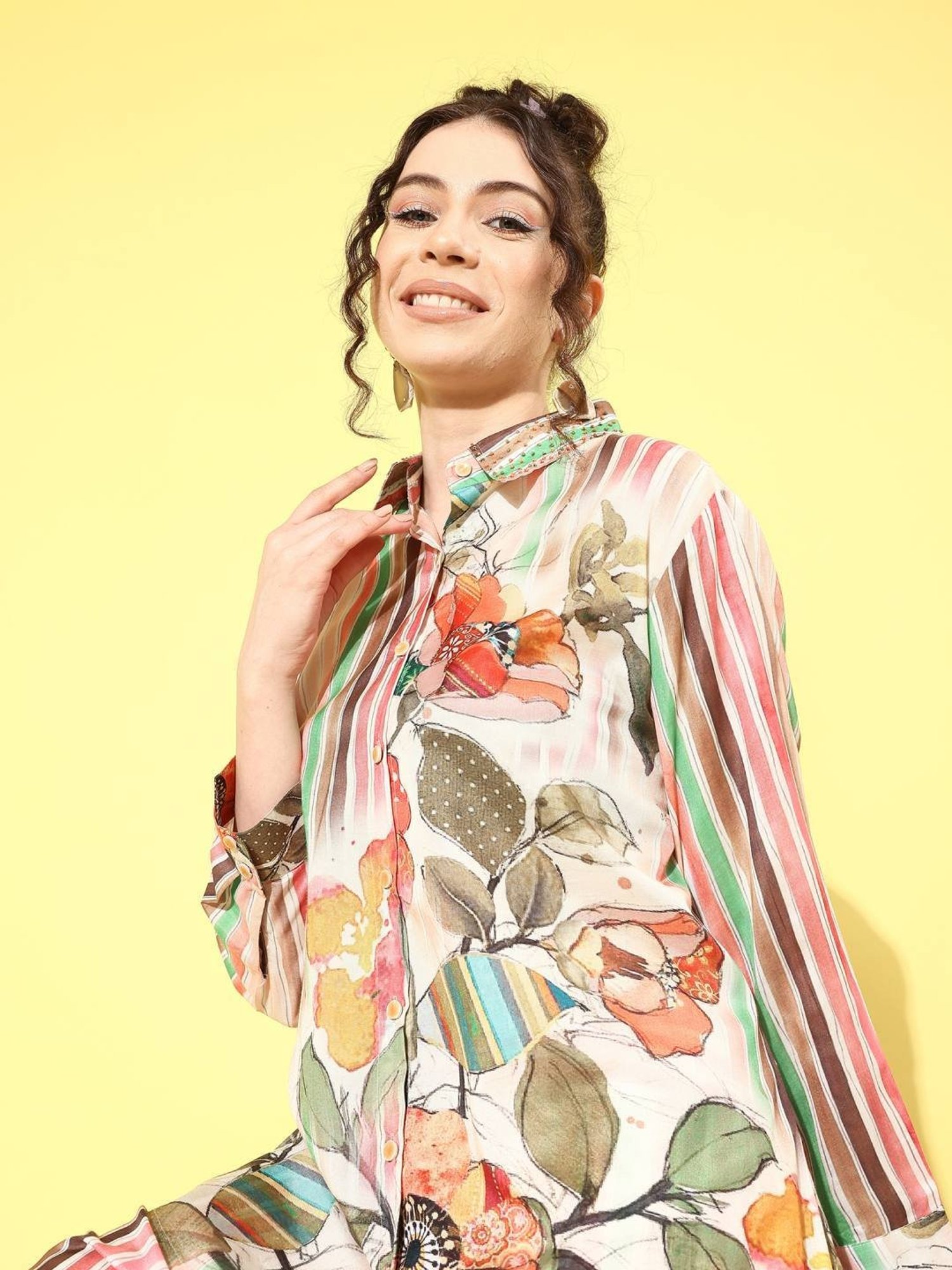 Indo Era Multicolored Floral Print Shirt Pant Set