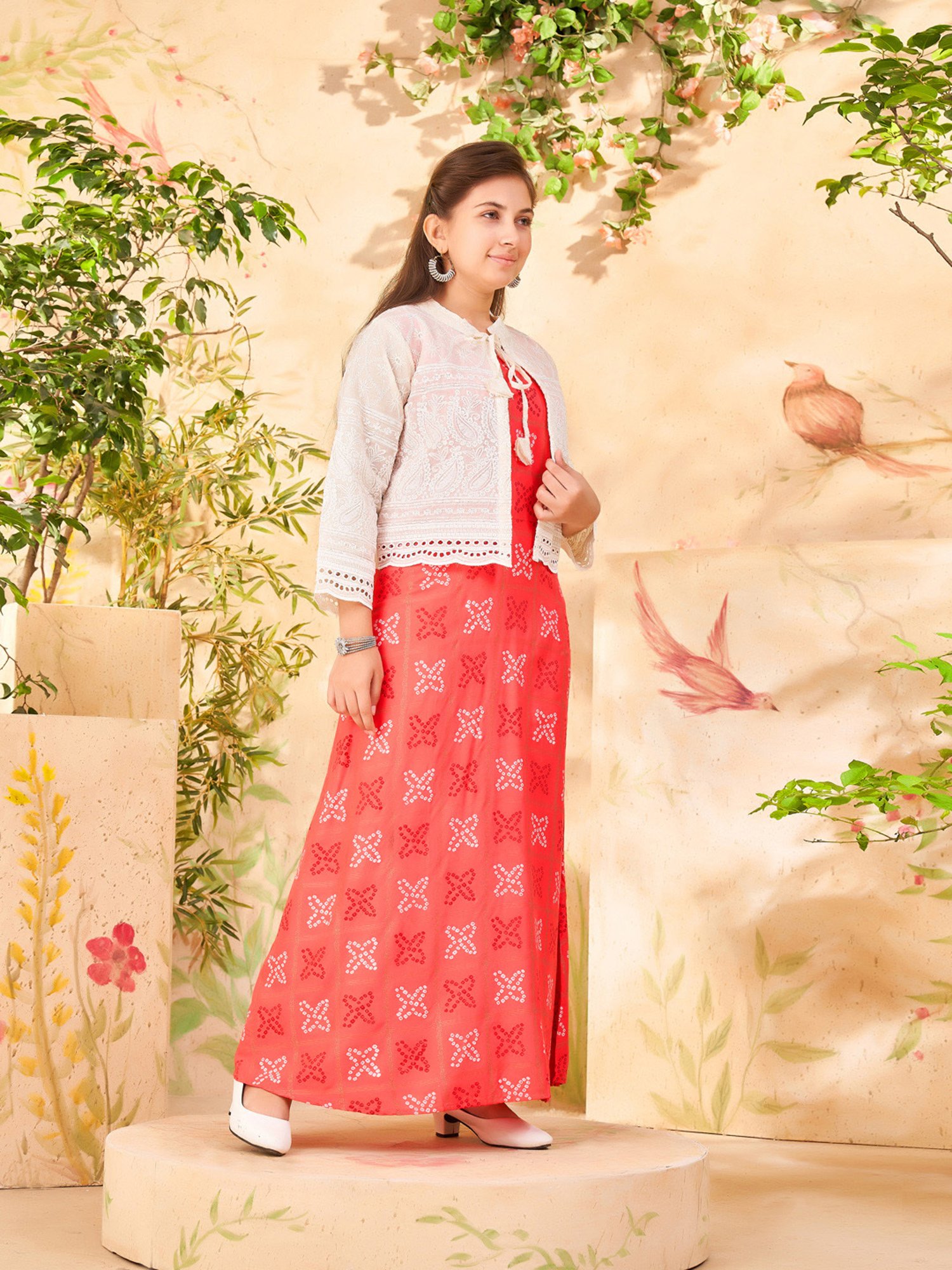 Aarika Girls Coral & Cream Embroidered Dress with Jacket