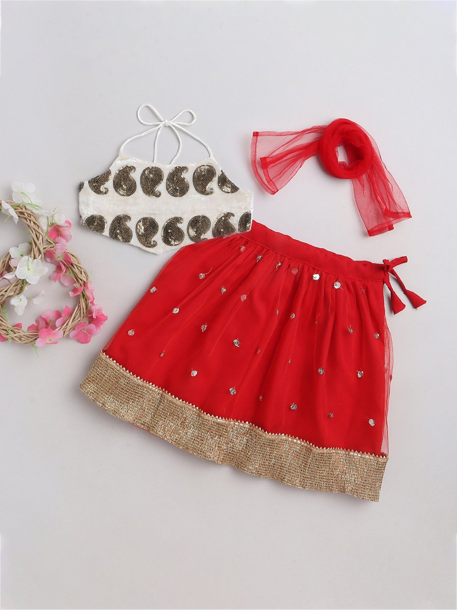 Many Frocks Kids White & Red Embellished Lehenga, Choli with Dupatta