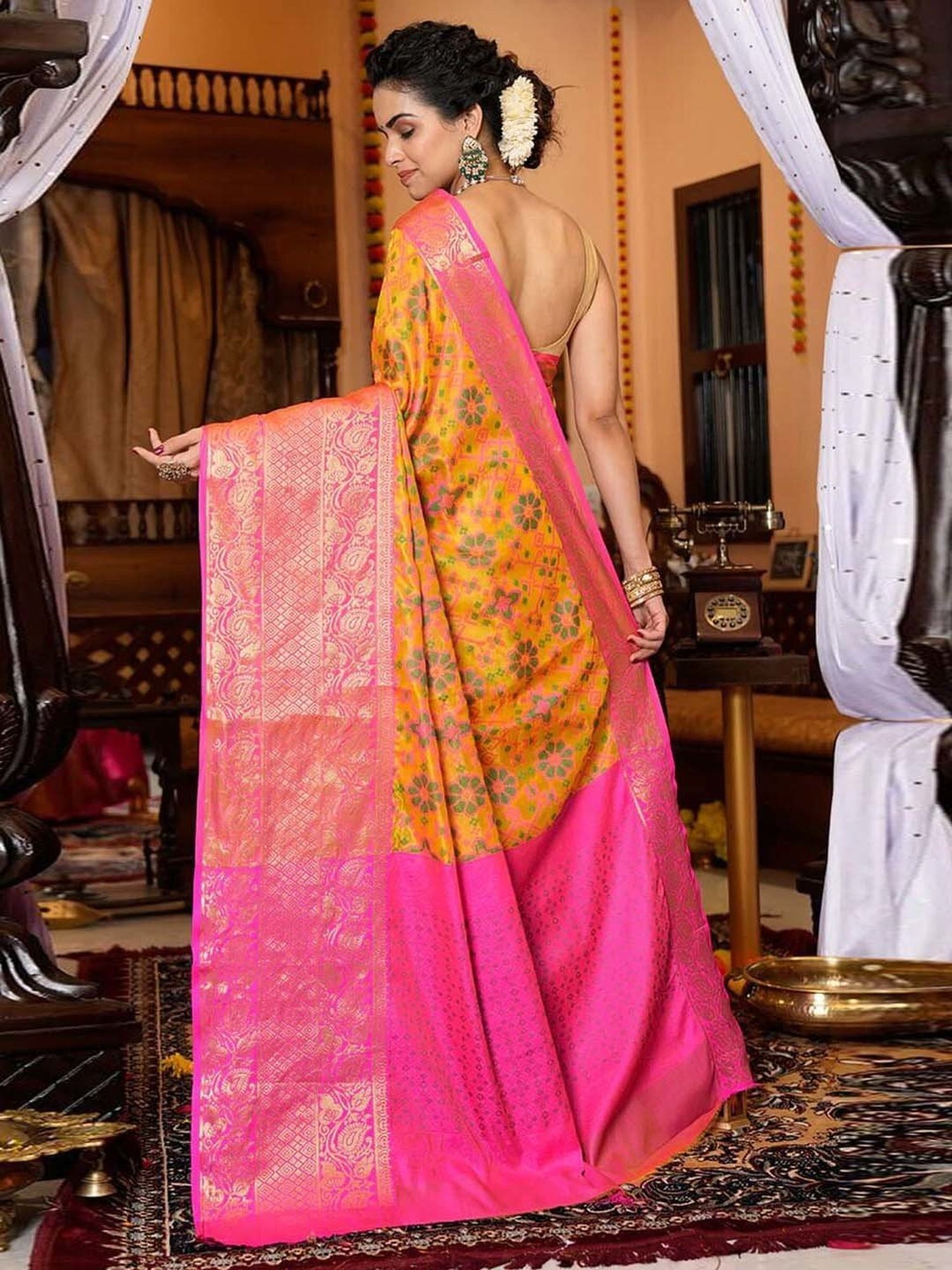 Rangita Yellow & Pink Silk Woven Saree With Unstitched Blouse