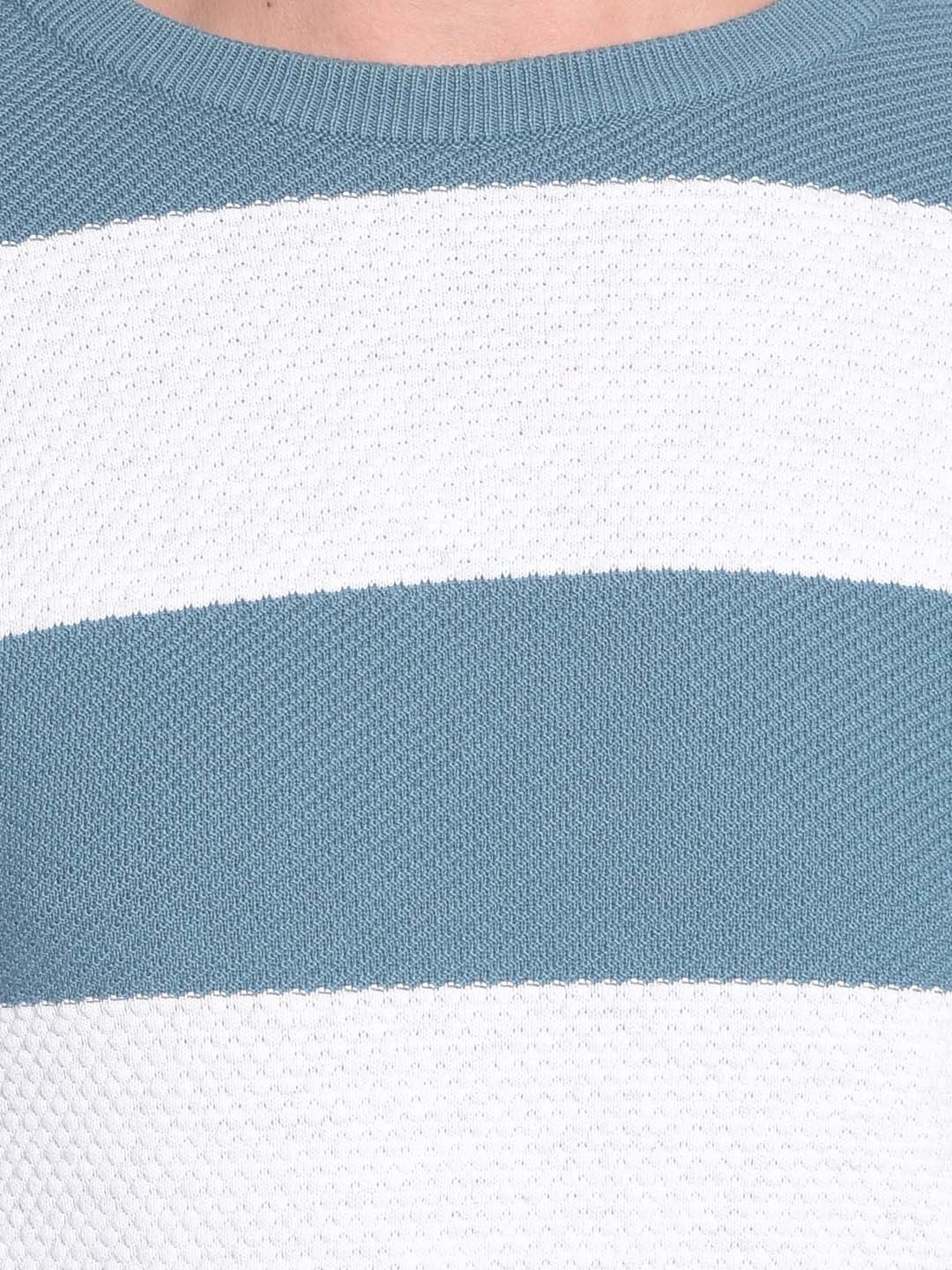 Crimsoune Club Blue & White Regular Fit Striped Cotton Sweater