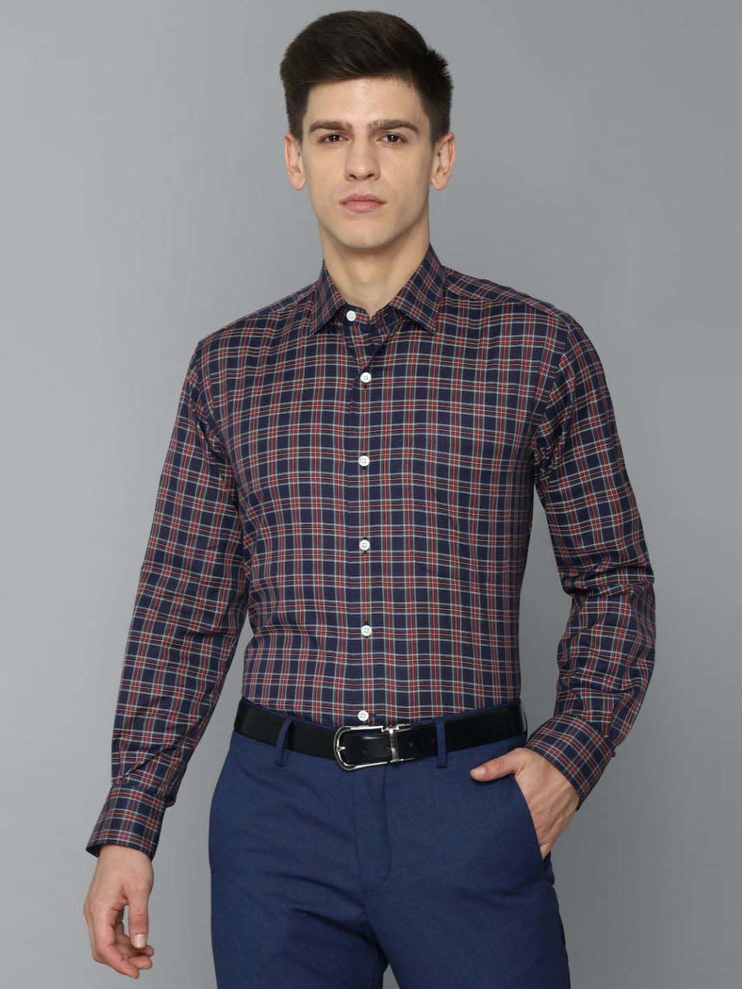 Luxure By Louis Philippe Navy Blue Regular Fit Checks Shirt