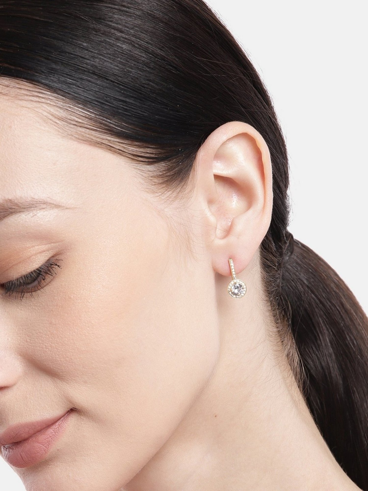 Zavya 92.5 Sterling Silver Sparkling Drops Solitaire Halo Gold-Plated Earrings