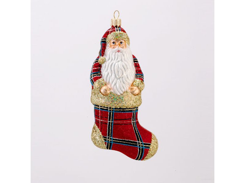 Kurt S. Adler David Strand Glass Cozy Claus Stewart Plaid Santa Christmas Stocking Ornament