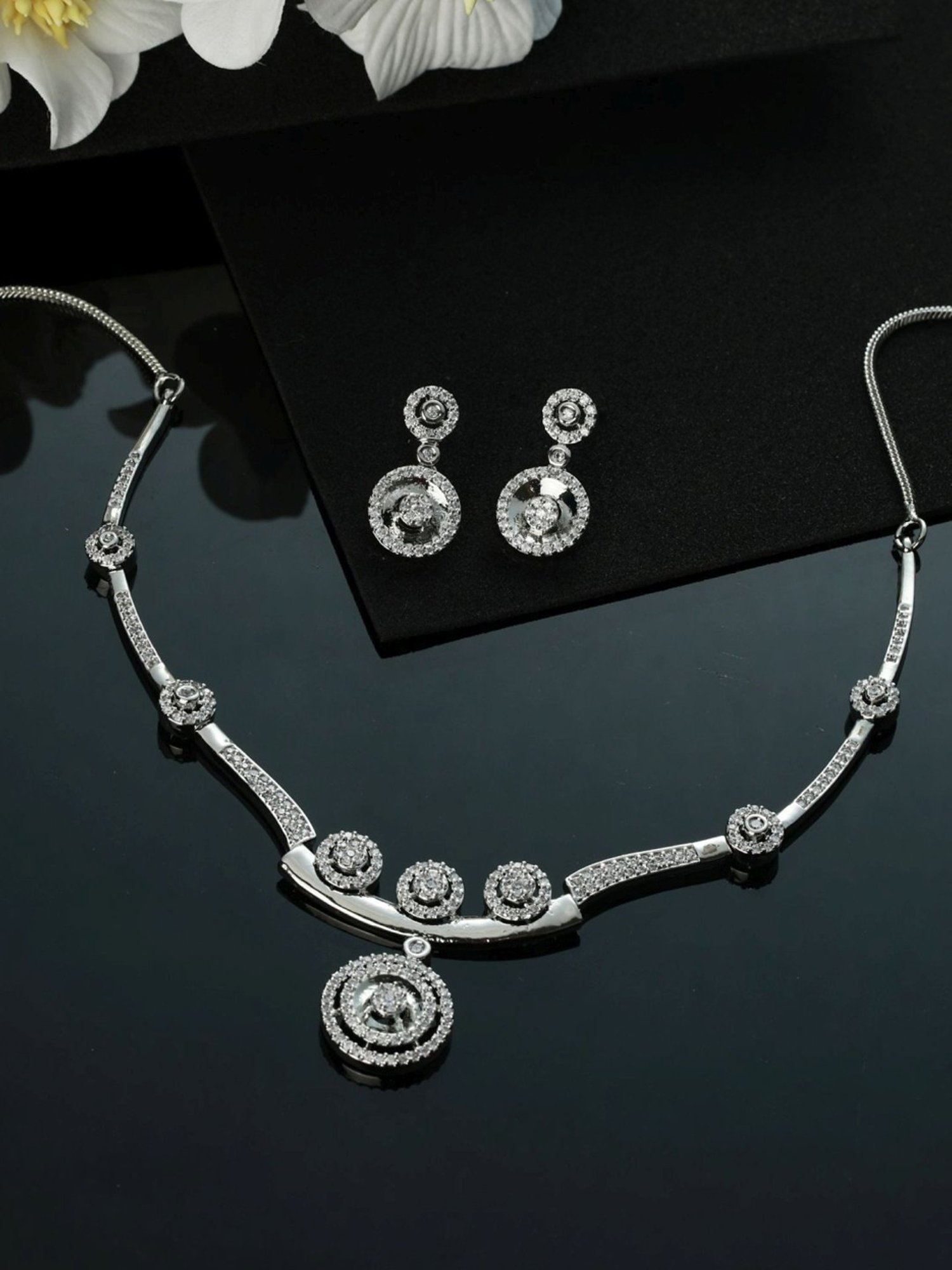Aatmana Silver-Plated White American Diamond & CZ Stone-Studded Necklace Set
