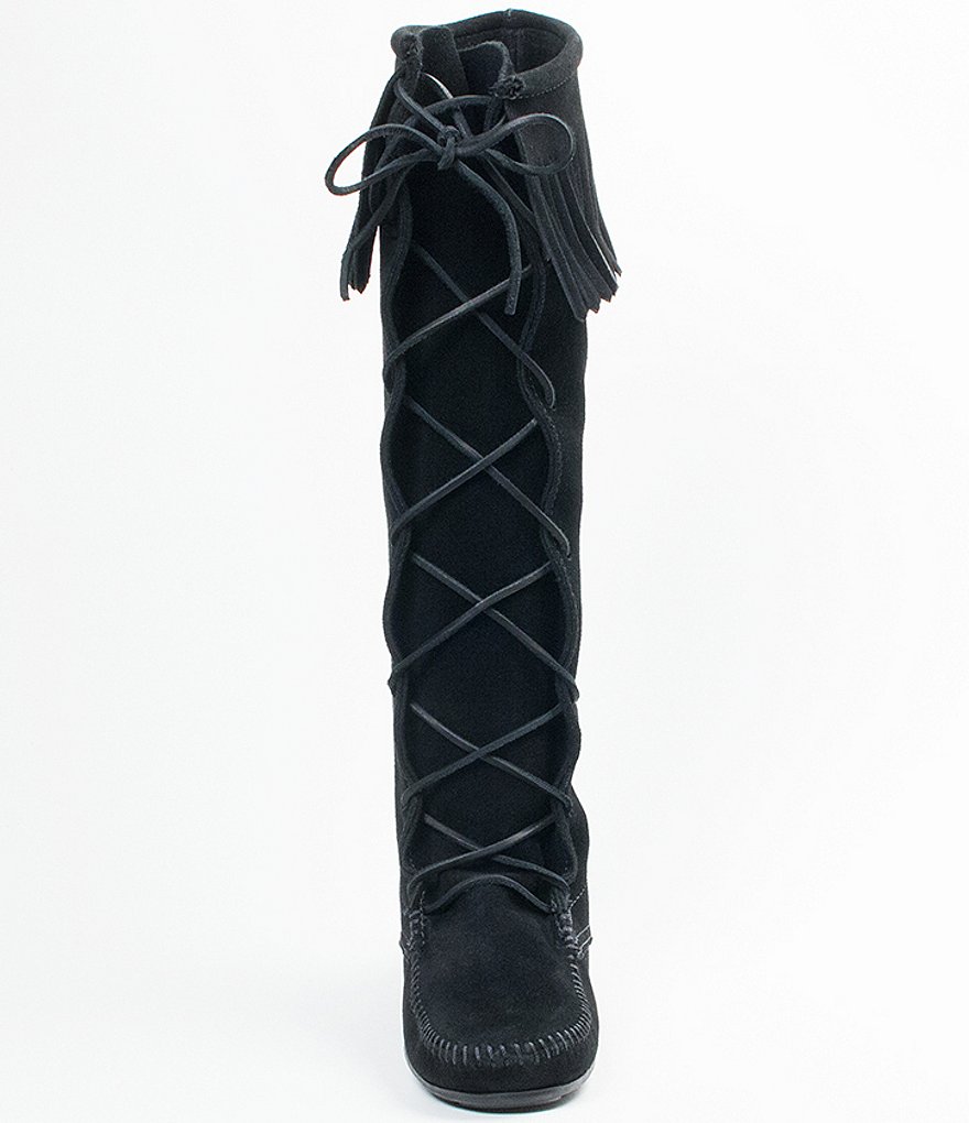 Minnetonka Women's Hardsole Suede Fringe Lace Up Boots