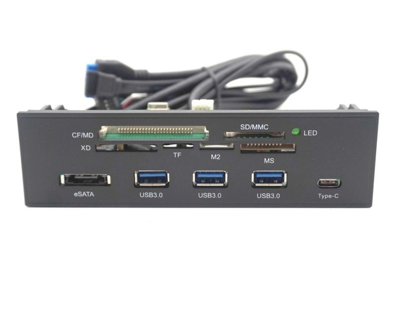Plugadget 5.25" Internal Card Reader Media Multi-Function Dashboard PC Front Panel Type-C USB 3.1 USB 3.0 Support CF XD MS M2 TF SD card reader smart