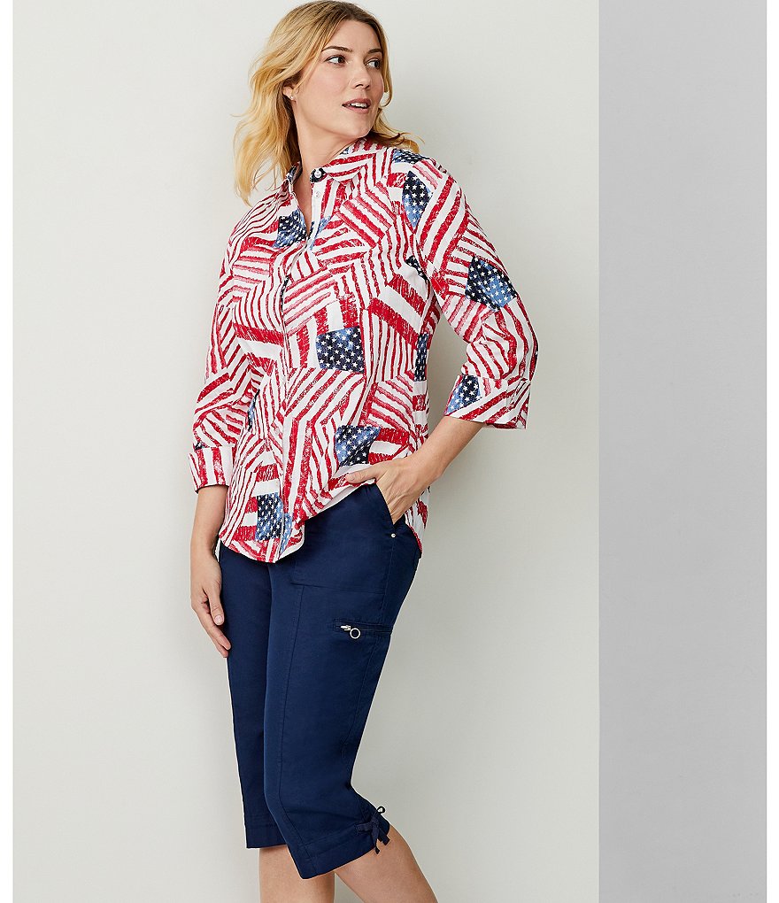 Allison Daley Stars & Stripes Patchwork Print 3/4 Sleeve Button Front Top
