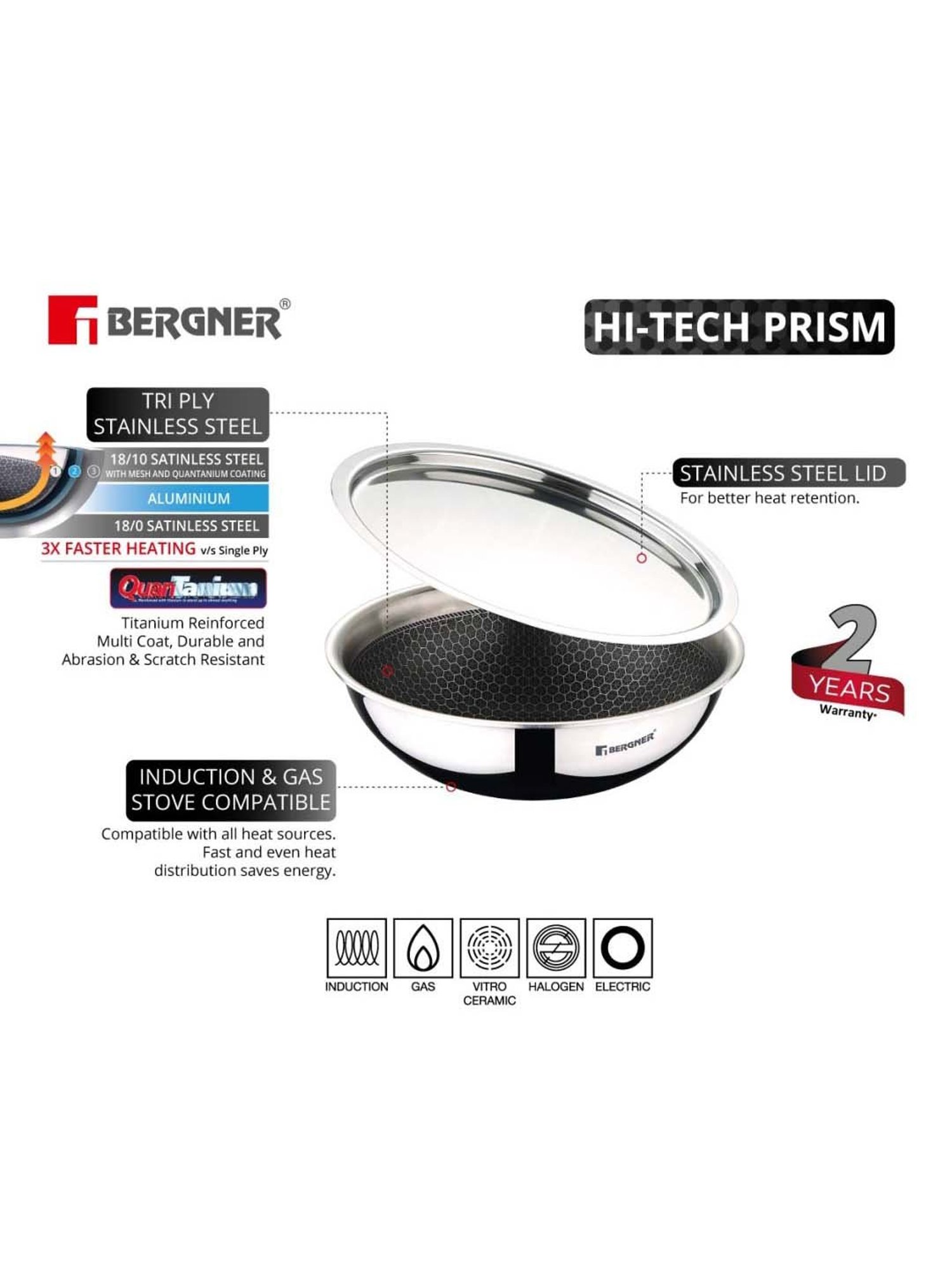 Bergner Hi-Tech Prism Silver Stainless Steel 26 cm Diameter Tasra with Lid (3.6 L) - Set of 1