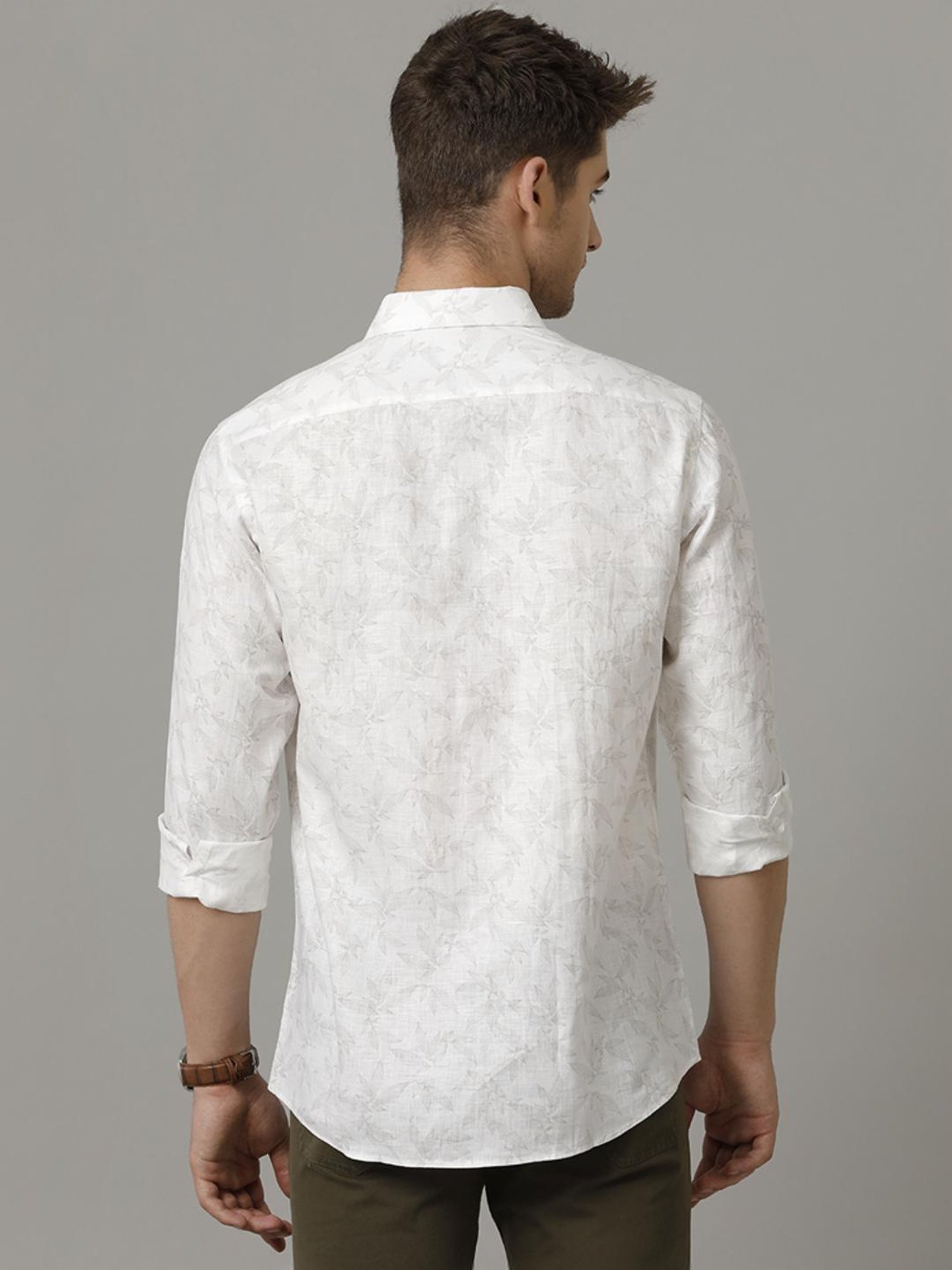 Linen Club White Linen Contemporary Fit Printed Shirt