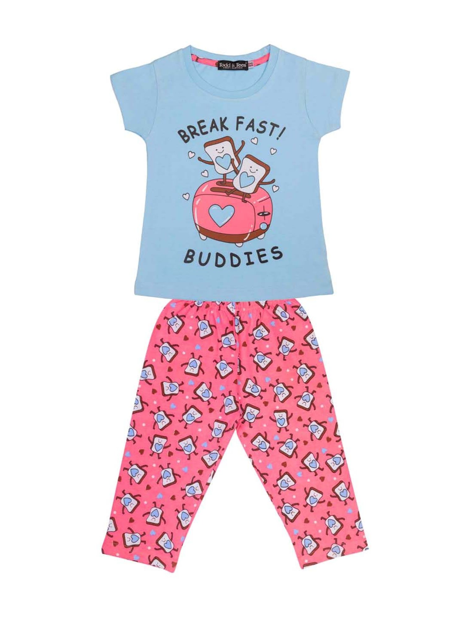 Todd N Teen Kids Blue & Sea Green Cotton Printed T-Shirt & Capris - Pack of 2