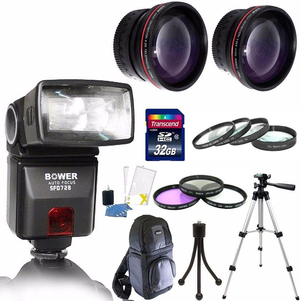 Bower SFD728C E-TTL EOS Flash for Canon + 58mm 3pc Filter Kit + Macro Kit + Wide Angle & Telephoto Lens + 32GB Memory Card  +  DSLR Backpack + Cleaning Kit + Large Tripod + Small Tripod