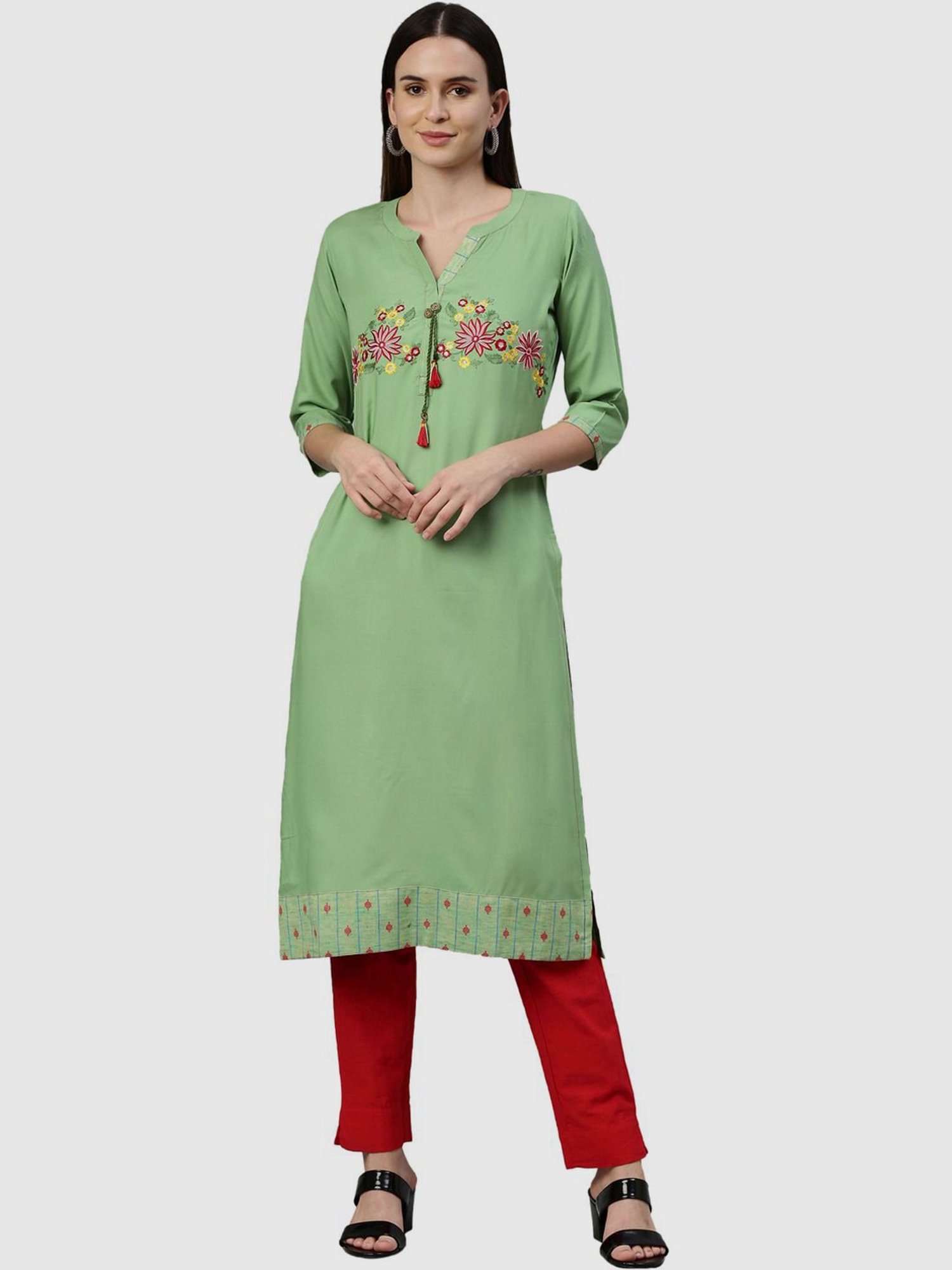 Neerus Pista Green Embroidered Straight Kurta