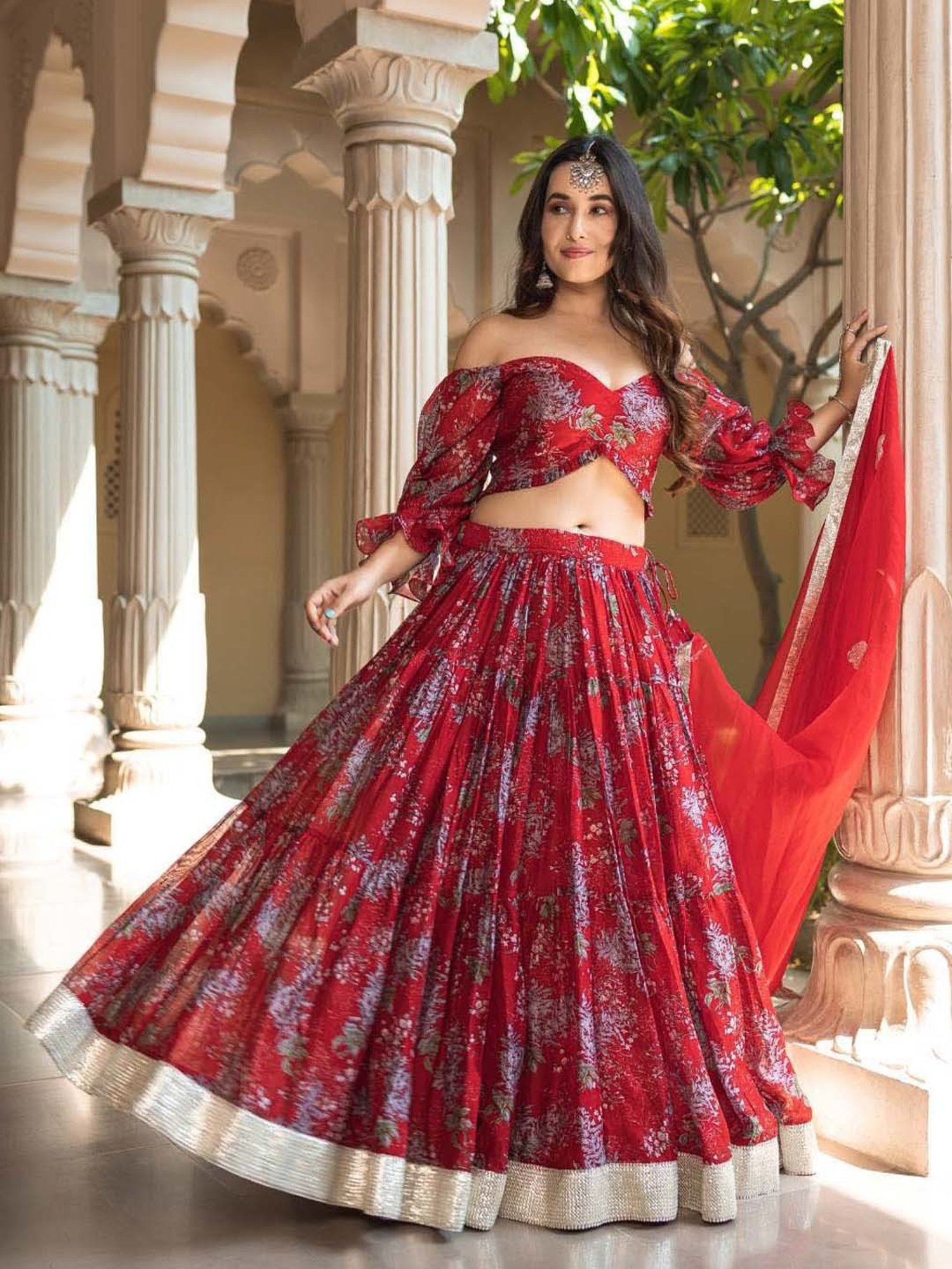 AACHHO Red Floral Print Lehenga Choli Set With Dupatta