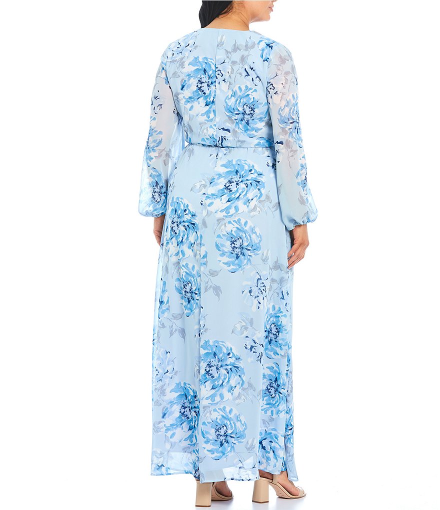 Marina Plus Size V-Neck Long Sleeve Floral Chiffon Maxi Wrap Dress