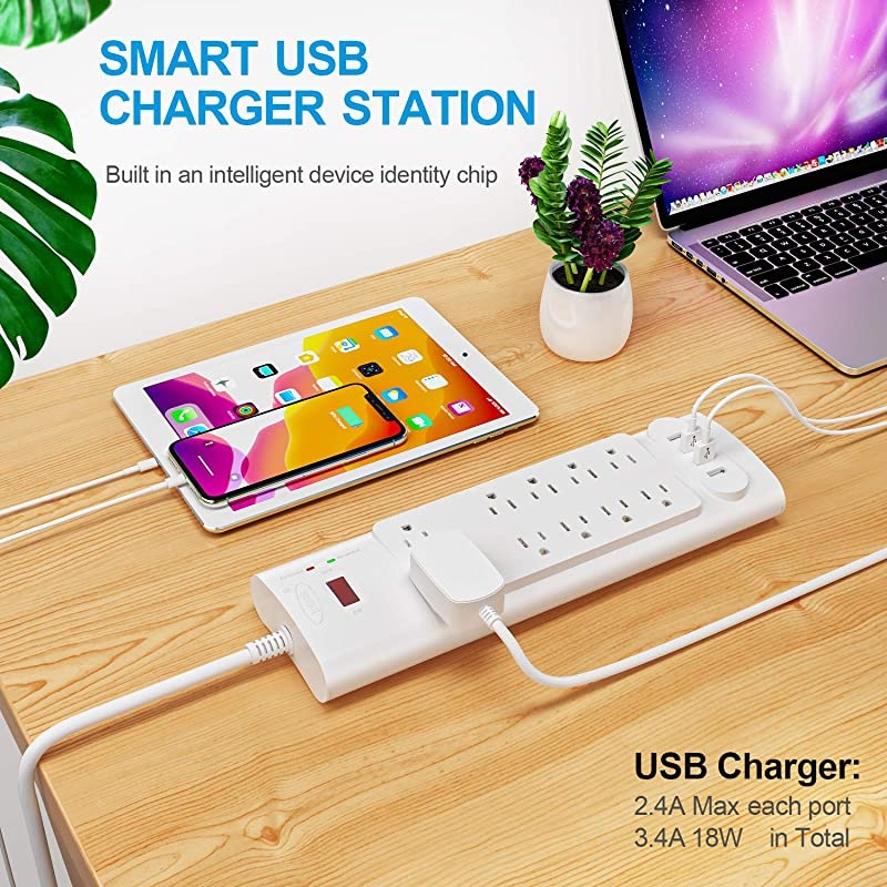 Power Strip with USB Ports  Surge Protector with 10 AC Outlets and 4 USB Charging Ports1875W15A 2100 Joules 6 Feet Long Extension Cord for Smartphone Tablets HomeOffice Hotel White
