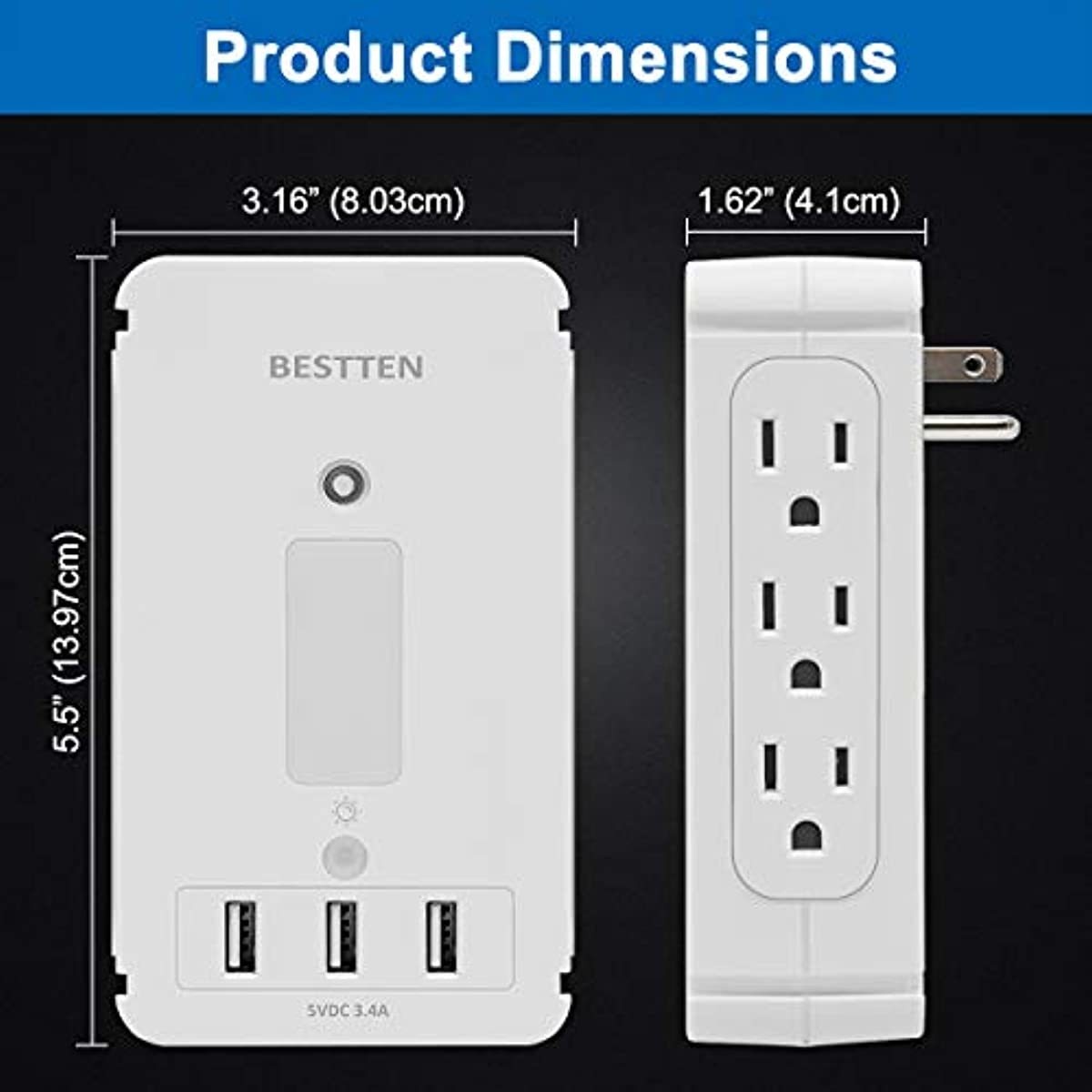 BESTTEN Surge Protector USB Wall Outlet with Shelf, 3 USB Charging Ports (5V/3.4A), 6 Side Outlet, LED Night Light, 1020 Joule Surge Rating and Removable Top Shelf, FCC and SGS Certified