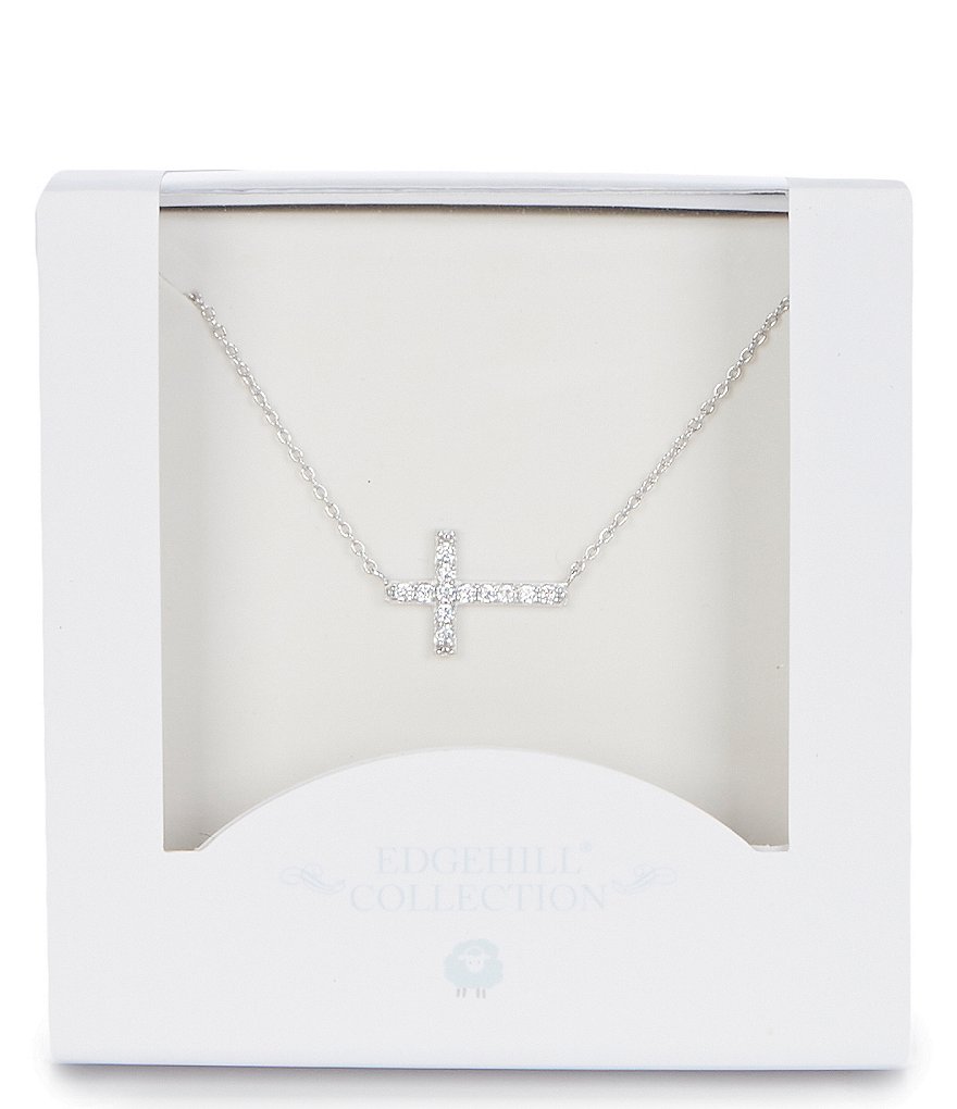 FAO Schwarz Sterling Silver Cross Pendant Necklace with Crystal Stone Accent