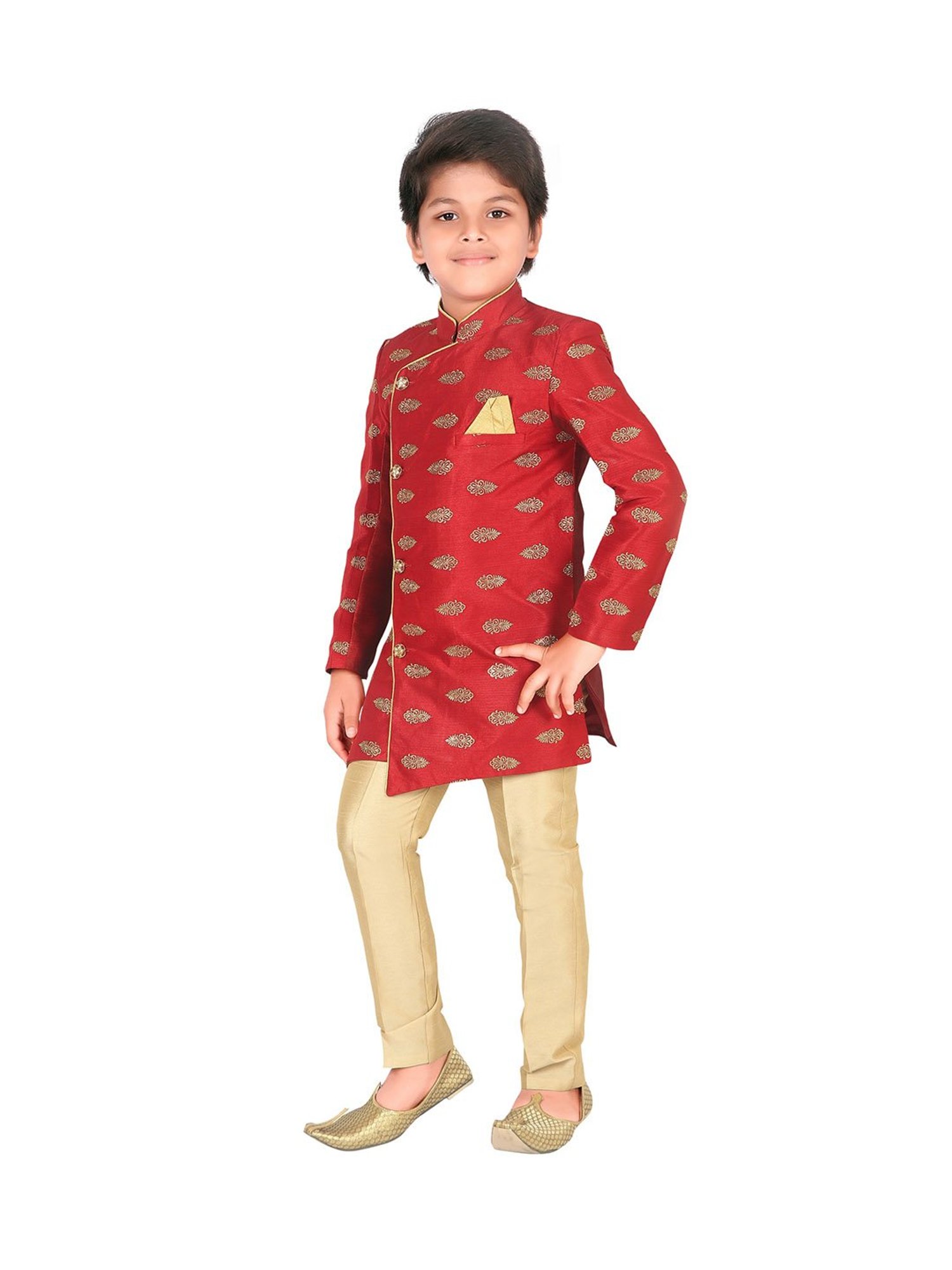 Ahhaaaa Kids Maroon & Gold Embroidered Kurta with Pajamas