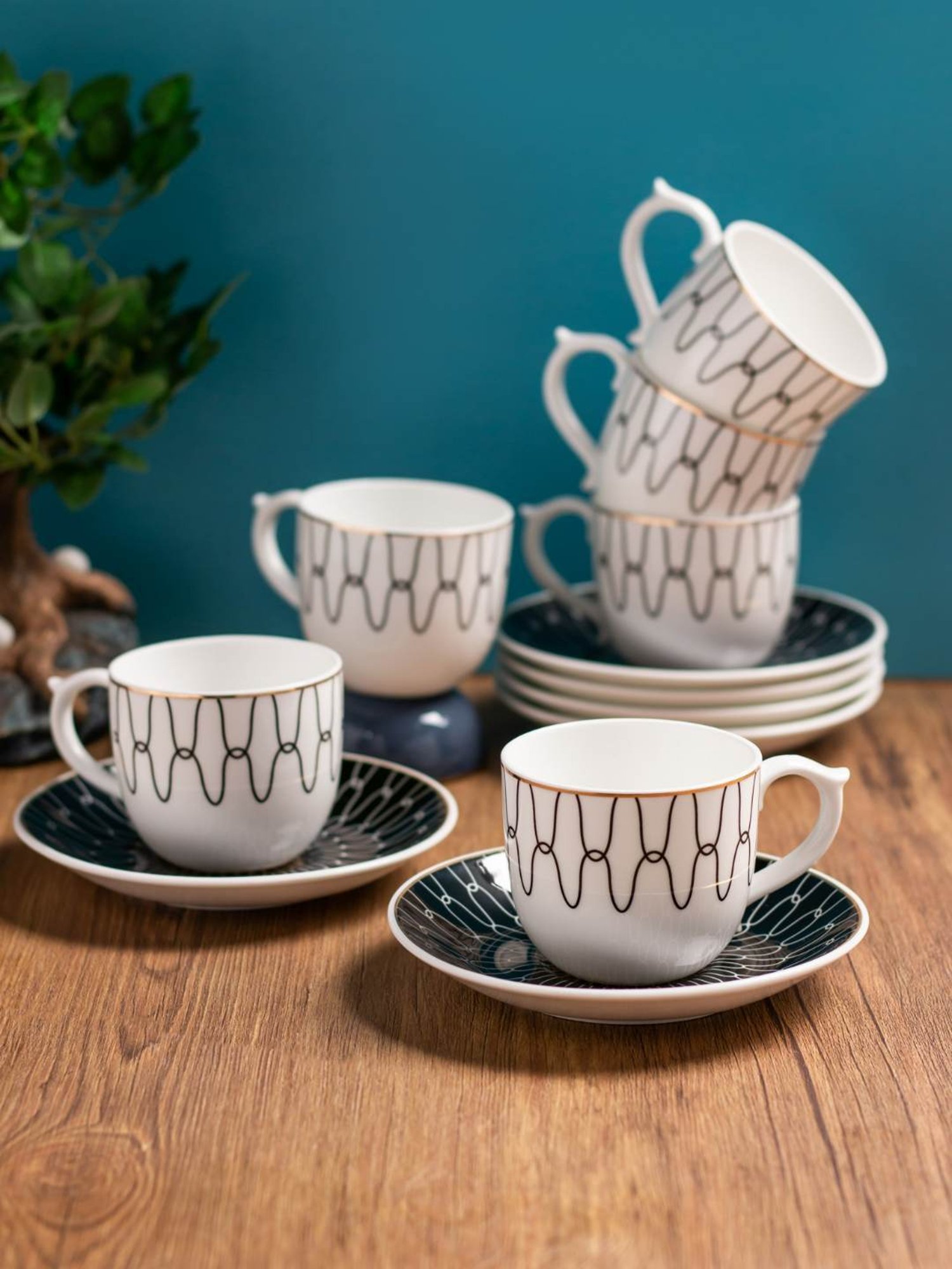 Clay Craft Printed Black Colour Black Line Fine Ceramic Cup Saucer (Set of 12) - 180 ml