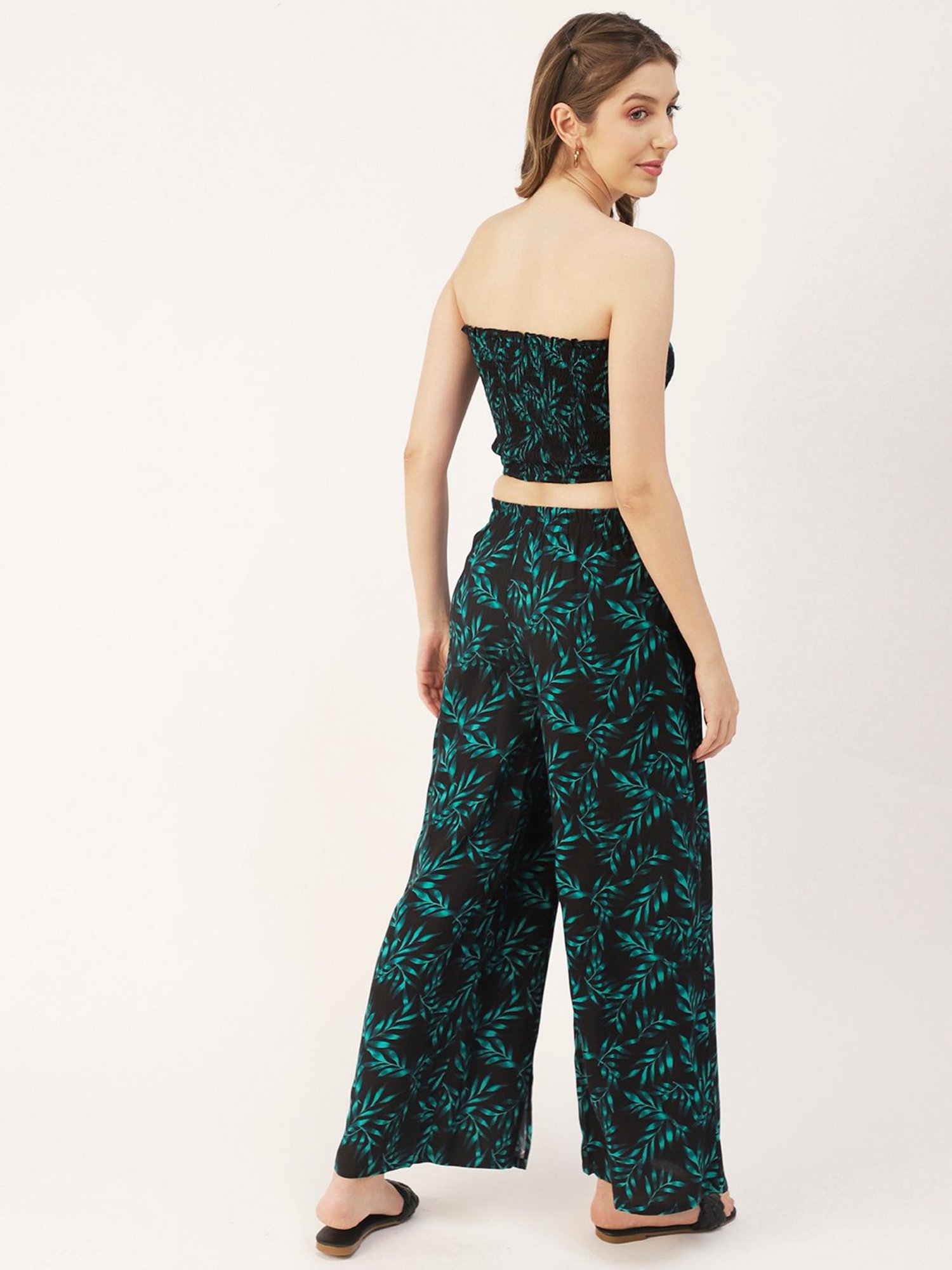 Moomaya Black Printed Crop Top With Palazzos
