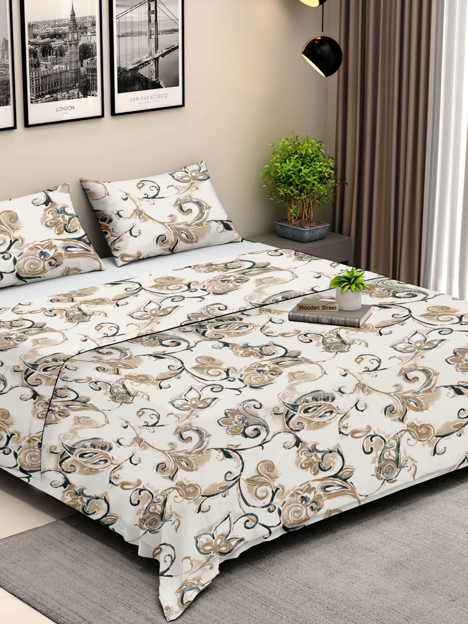 Ariana Rome Floral Beige 210 TC Cotton Super king Bedsheet with 2 Pillow Covers