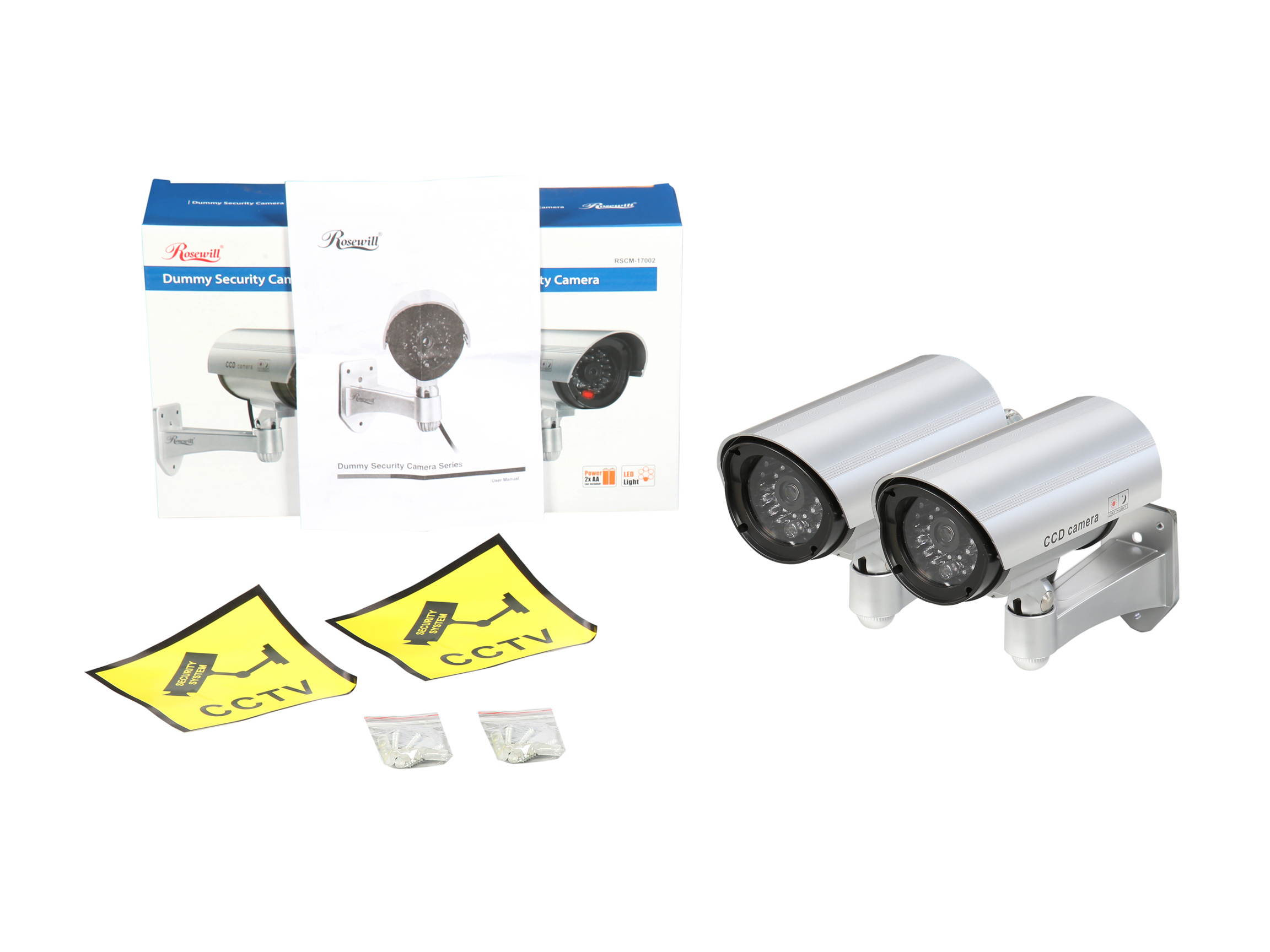 Rosewill Fake Security Surveillance CCTV Dummy Camera (2-PK), with LED Light & Warning Security Alert Sticker