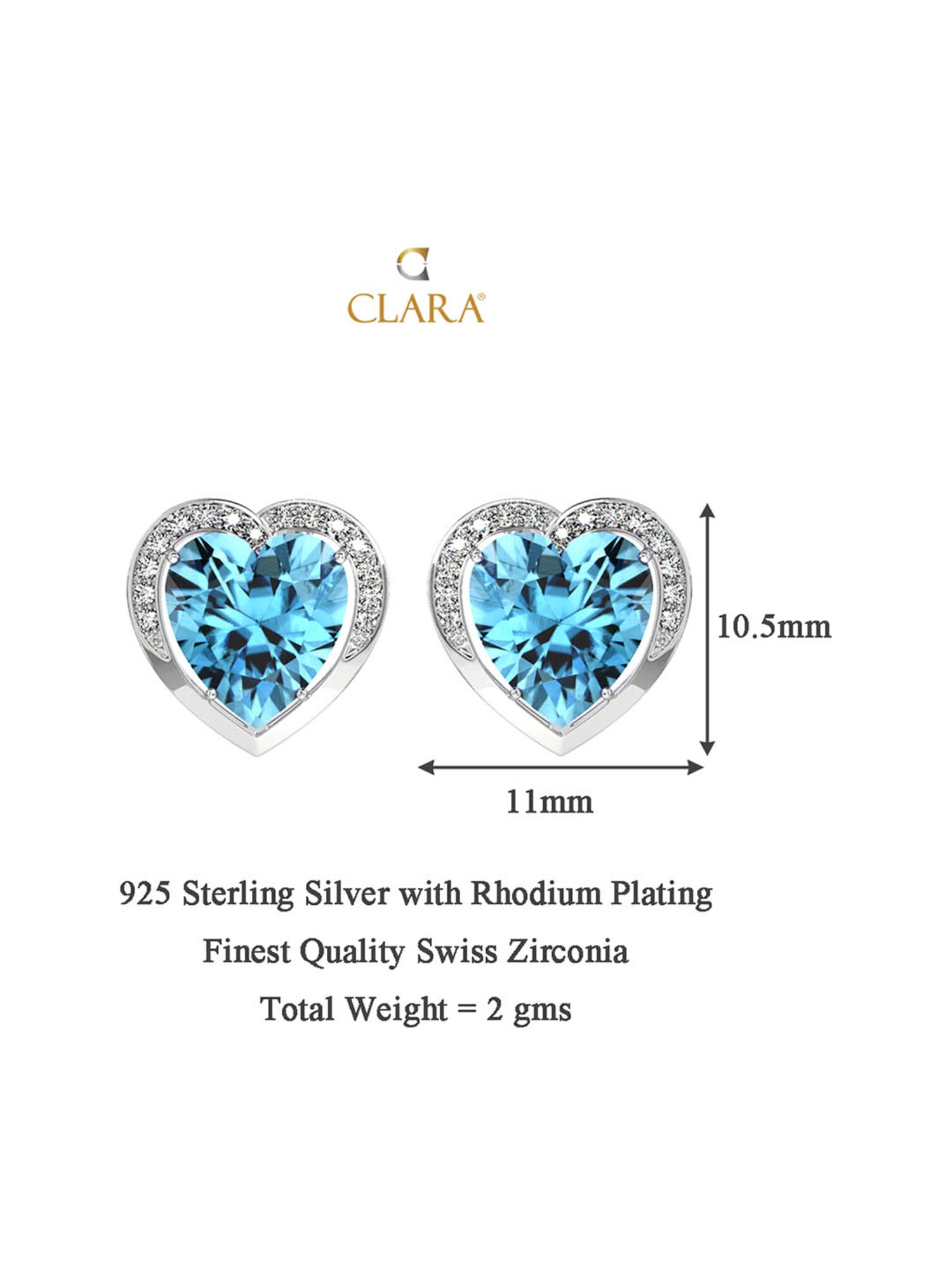 Clara 92.5 Sterling Silver Swiss Zirconia Sky Blue Heart Stud Earrings