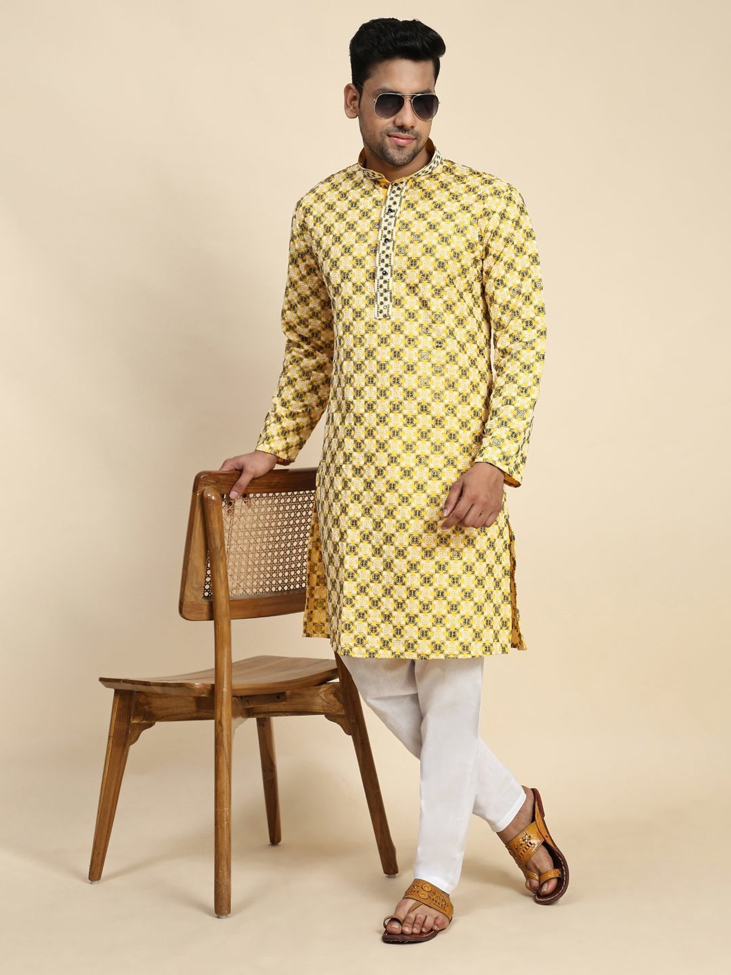 Pro-Ethic Style Developer Yellow & White Cotton Regular Fit Embellished Kurta Bottom Set