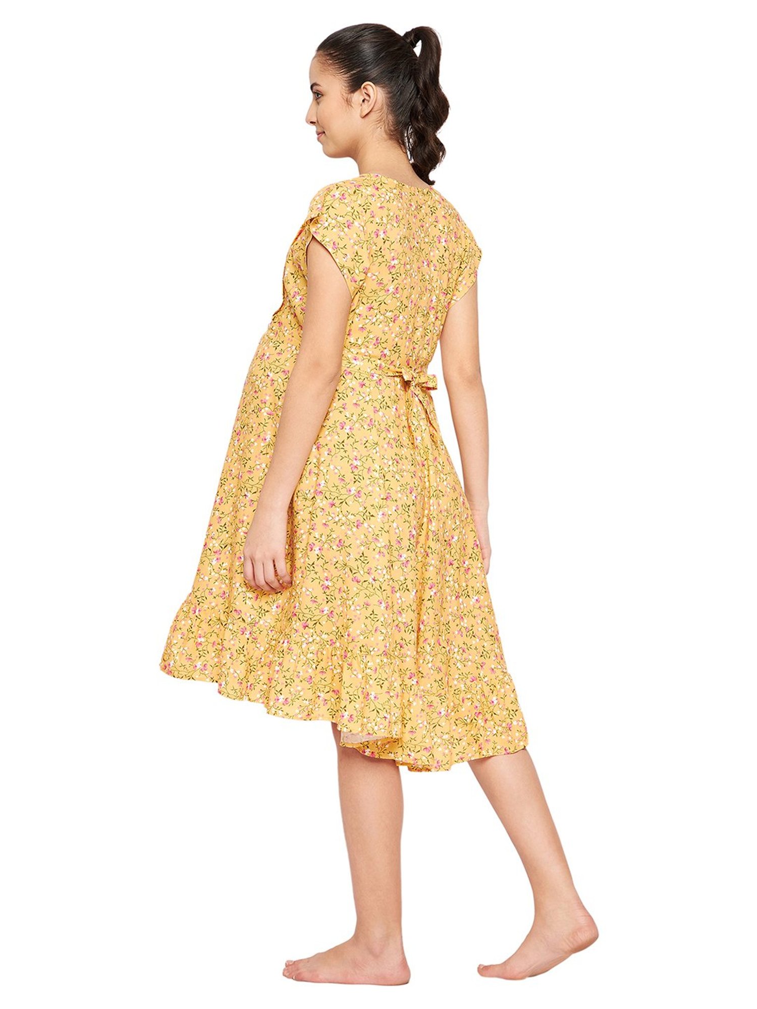 Hypernation Yellow Rayon Floral Print Maternity Night Dress