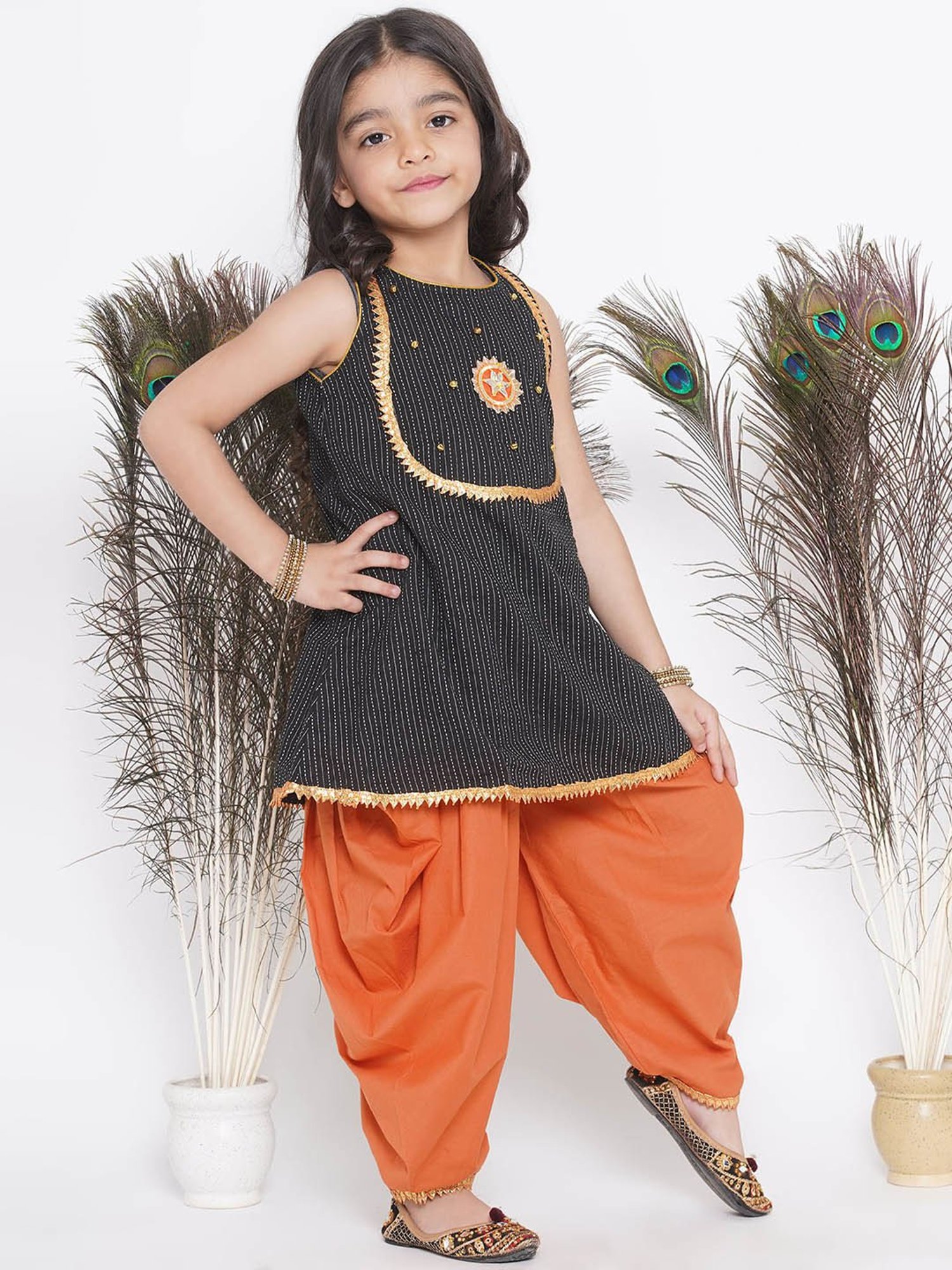 Little Bansi Kids Black & Orange Embellished Kurta, Salwar with Dupatta