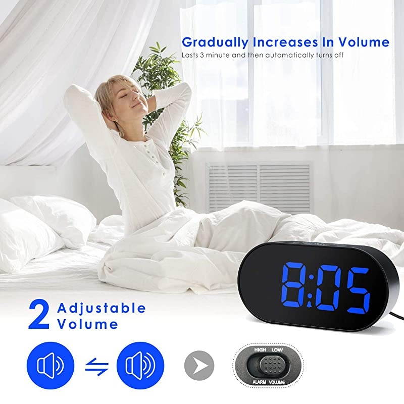 Digital LED Alarm Clock with Dimmer and Snooze 2 Level Alarm Volume Optional Large Blue Digit Display Bedside Clocks with USB Port Phone Charger Simple Operation Blue