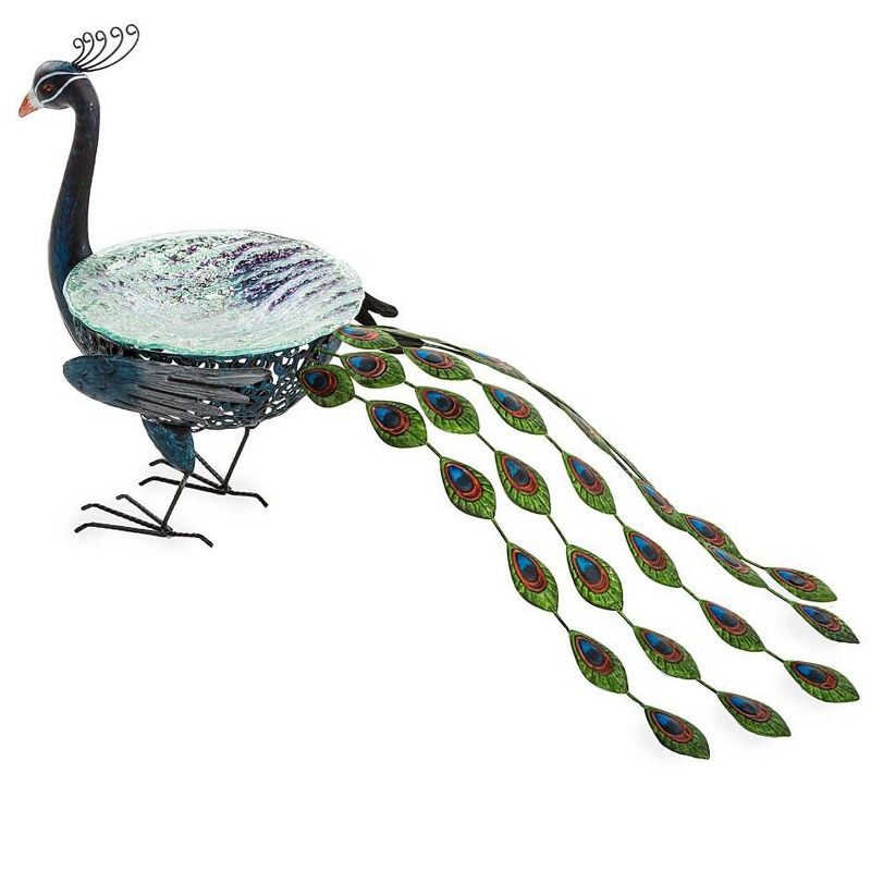 Wind & Weather Vibrant Metal Peacock Birdbath with Glass Bowl