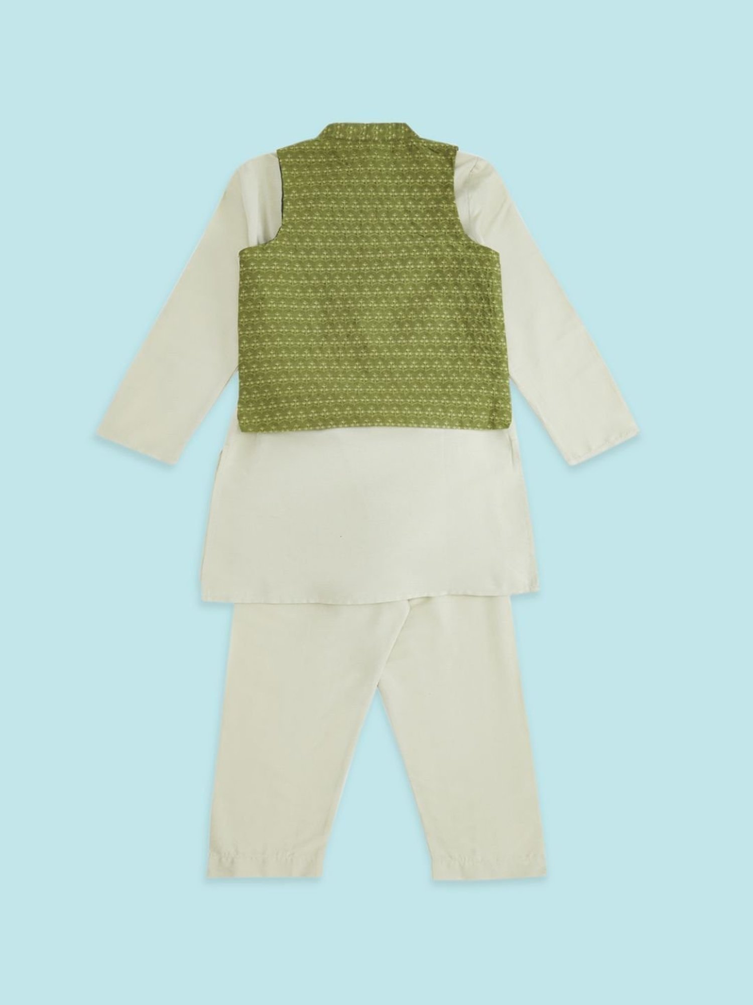 Indus Route by Pantaloons Kids Lime Green & White Jacquard Full Sleeves Kurta Set