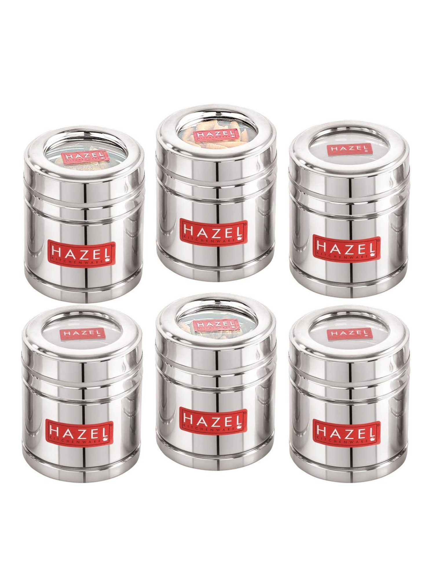 HAZEL Silver Stainless Steel Container with Transparent Lid - Set of 6 (0.5L)