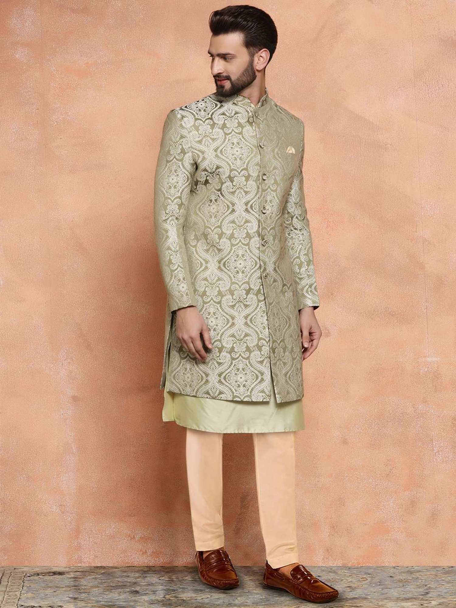 Kisah Beige & Green Regular Fit Jacquard Sherwani Set