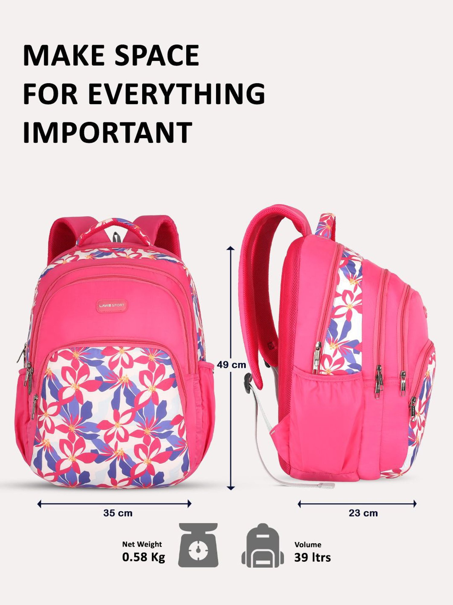 Lavie Sport Daylilies 39L Printed School Backpack with Rain cover for Girls (Magenta)