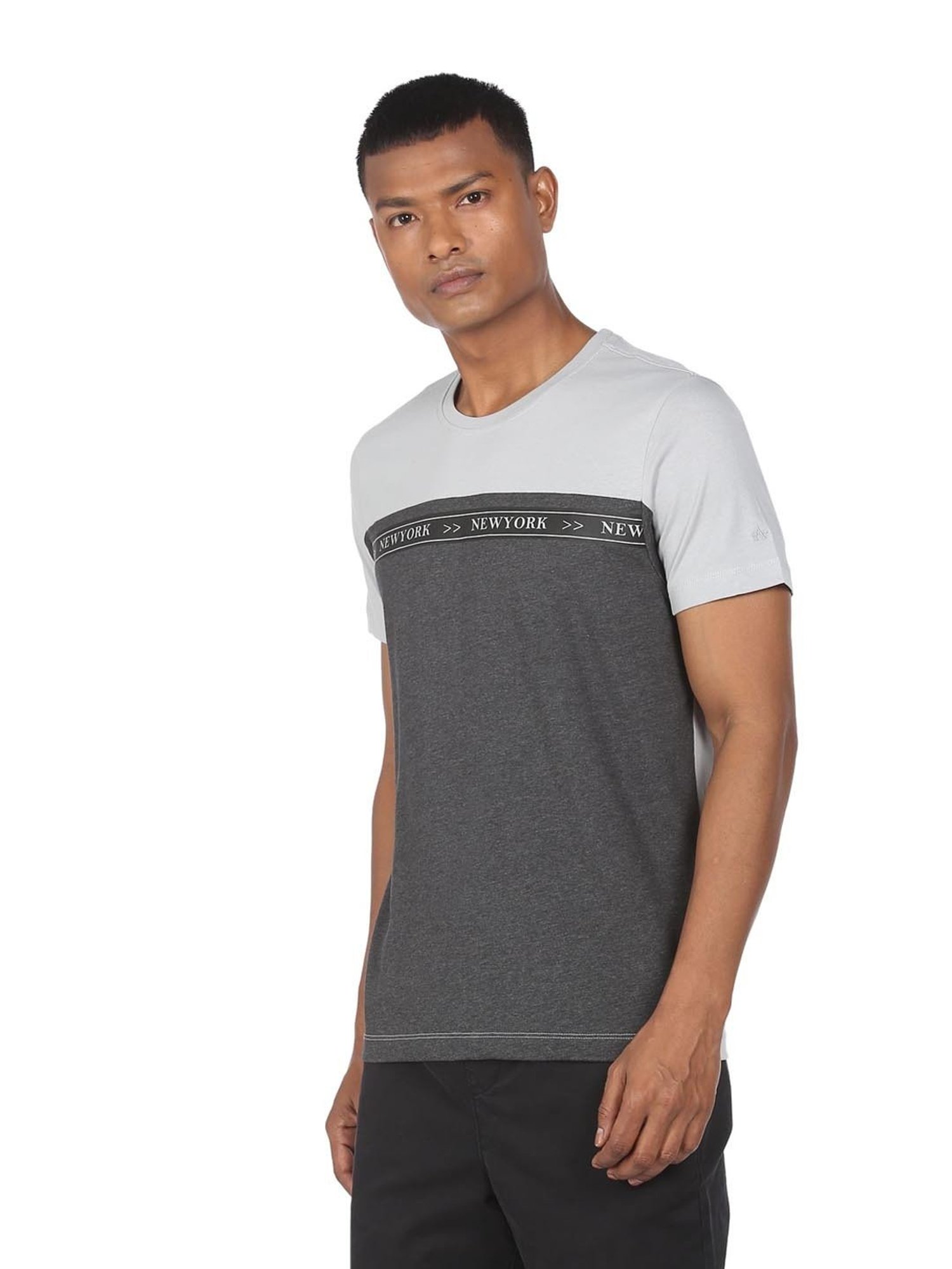 Arrow New York Grey Cotton Regular Fit Colour Block T-Shirt