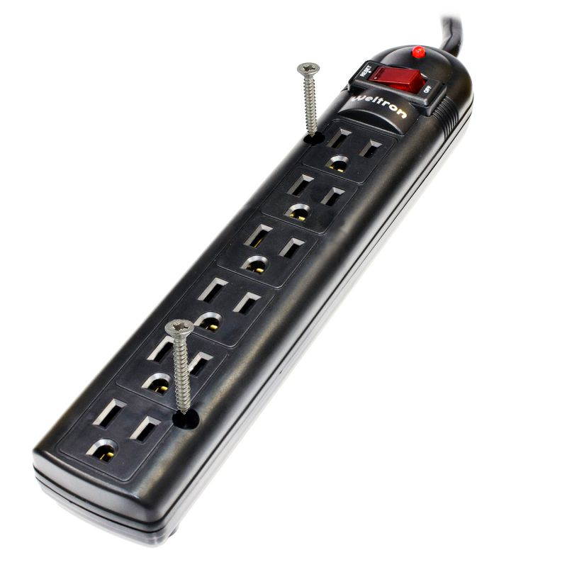 THIS 6 OUTLET PLASTIC POWER STRIP HAS 750 JOULES, EMI/RFI FILTER AND A 25FT POWE