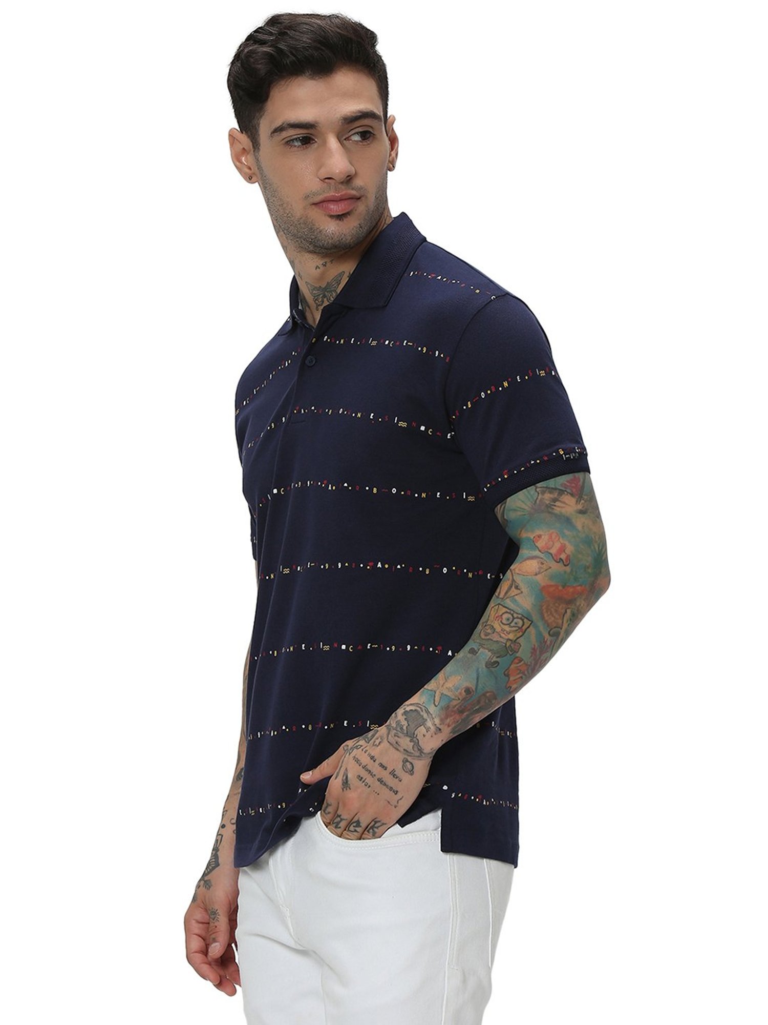 Mufti Navy Slim Fit Graphic Print Cotton Polo T-Shirt