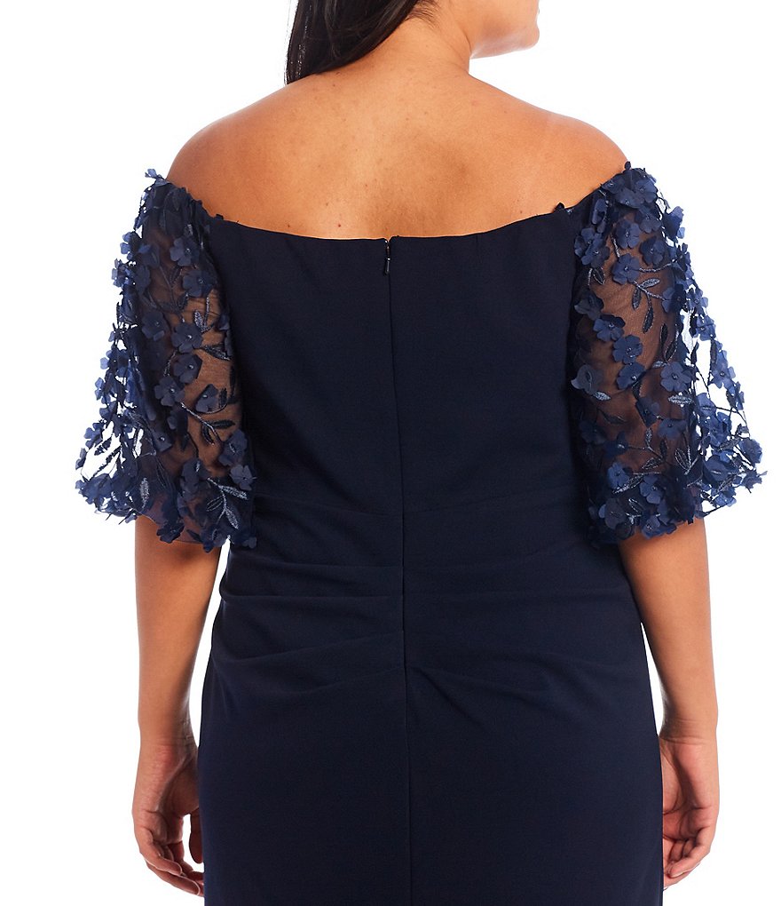 Xscape Plus Size 3D Floral Applique Scuba Crepe Off-the-Shoulder Elbow Puff Short Sleeve Mermaid Gown