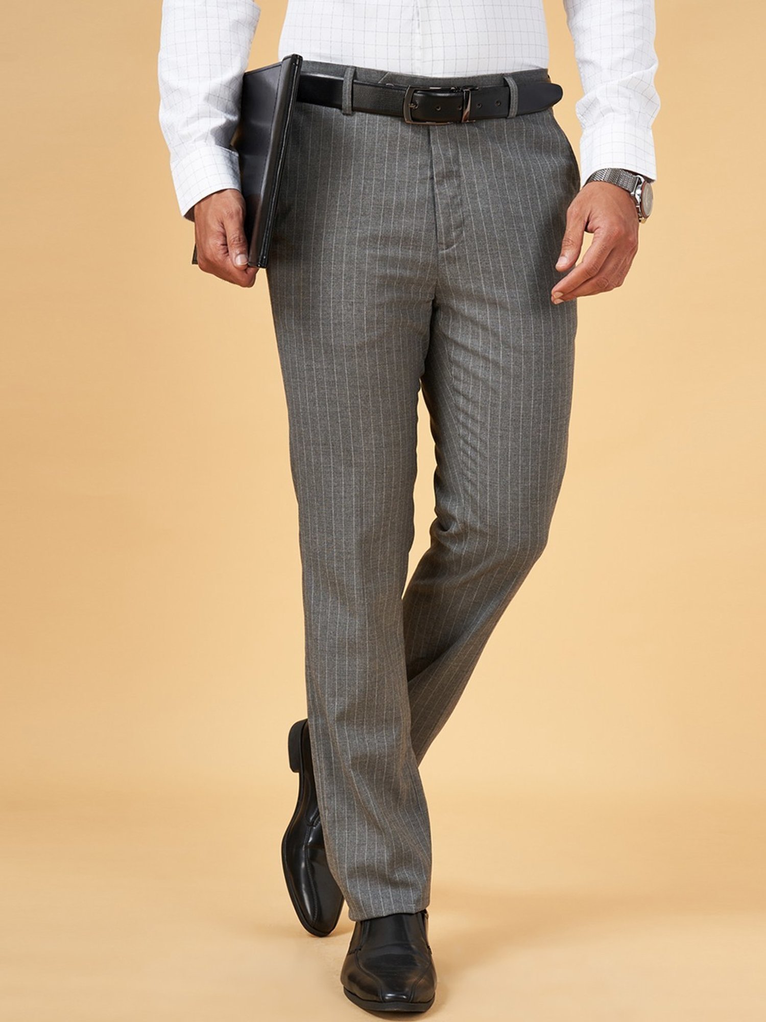 Byford by Pantaloons Grey Melange Slim Fit Striped Trousers