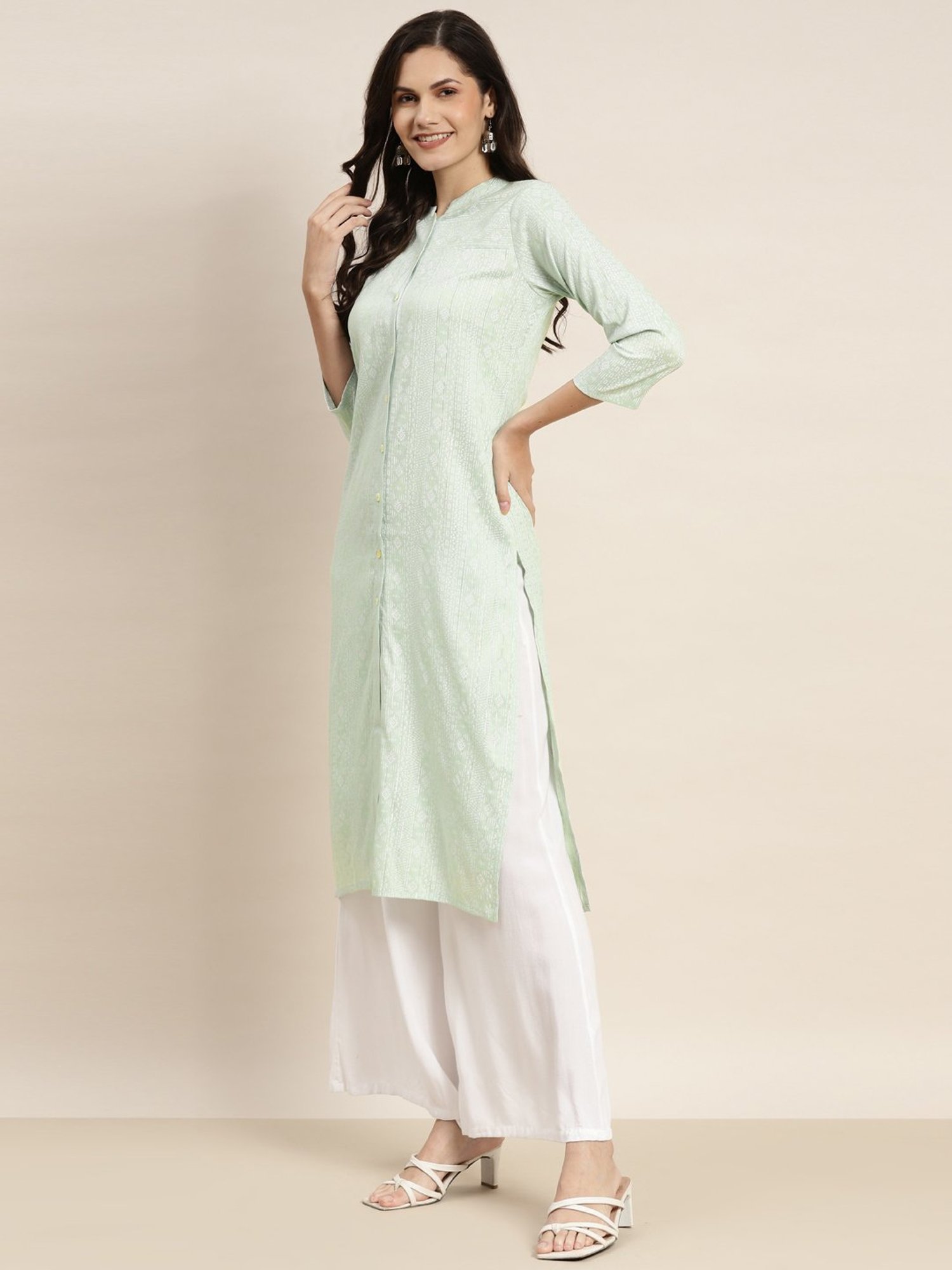 Jompers Green Cotton Striped Straight Kurta