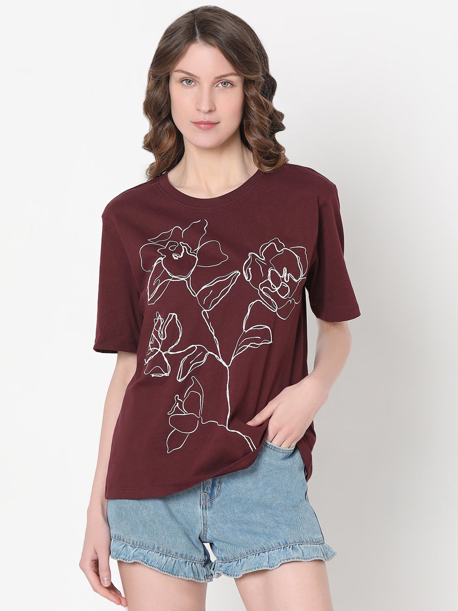 Vero Moda Maroon & White Cotton Floral Print T-Shirt